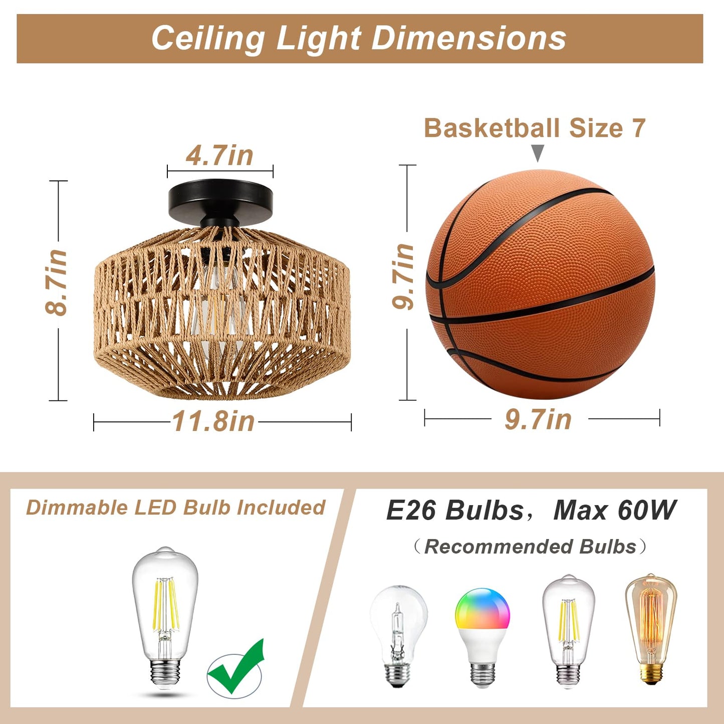 Light Fixtures Ceiling Mount,Mini Rattan Chandelier Light Fixture with Dimmable LED Bulb