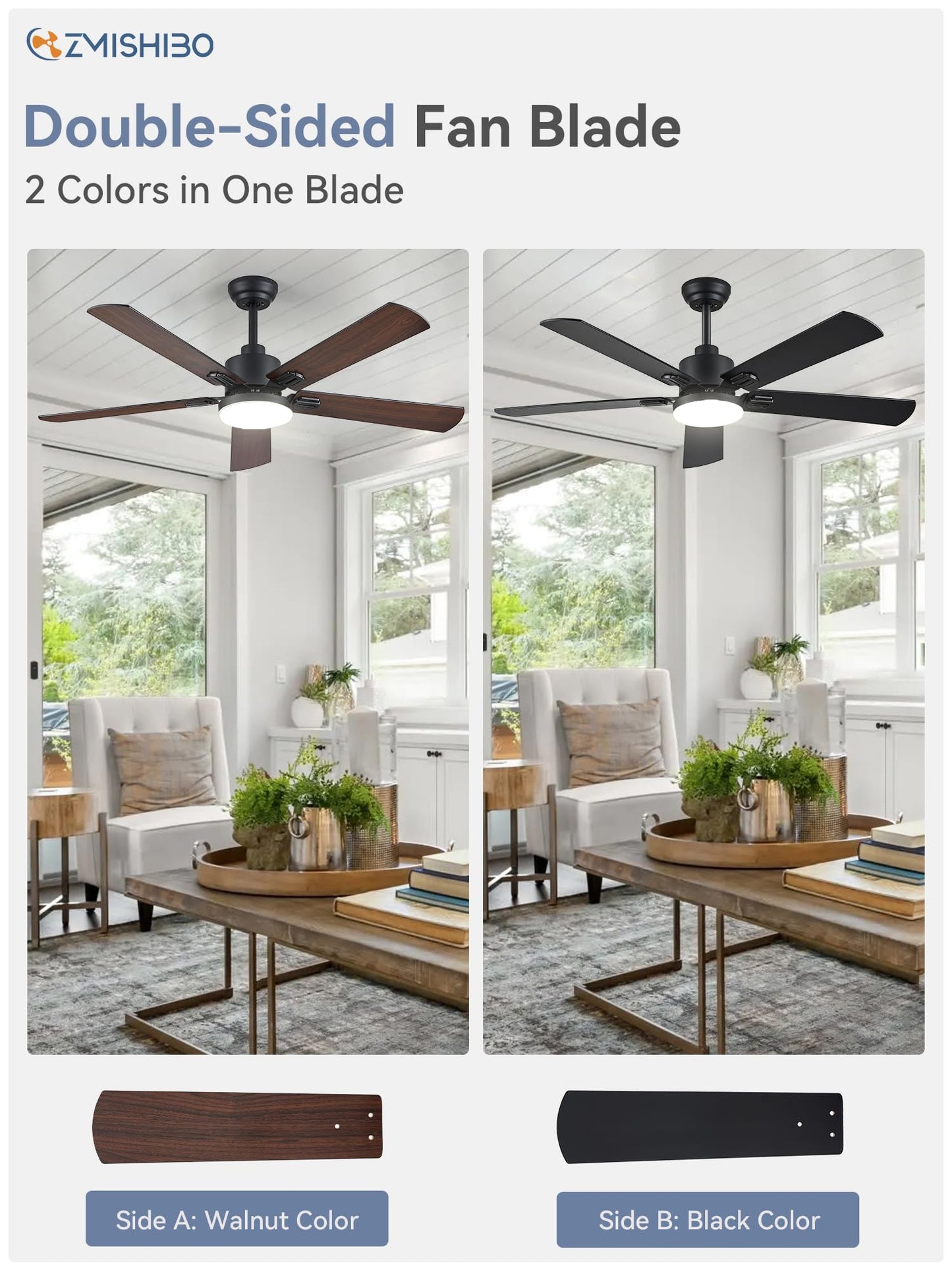 52" Ceiling Fans with Lights, Black Modern Ceiling Fan with Remote, Farmhouse Indoor Ceiling Fan with Dual Finish Blades, Quiet & Strong Motor, Bright LED Light.