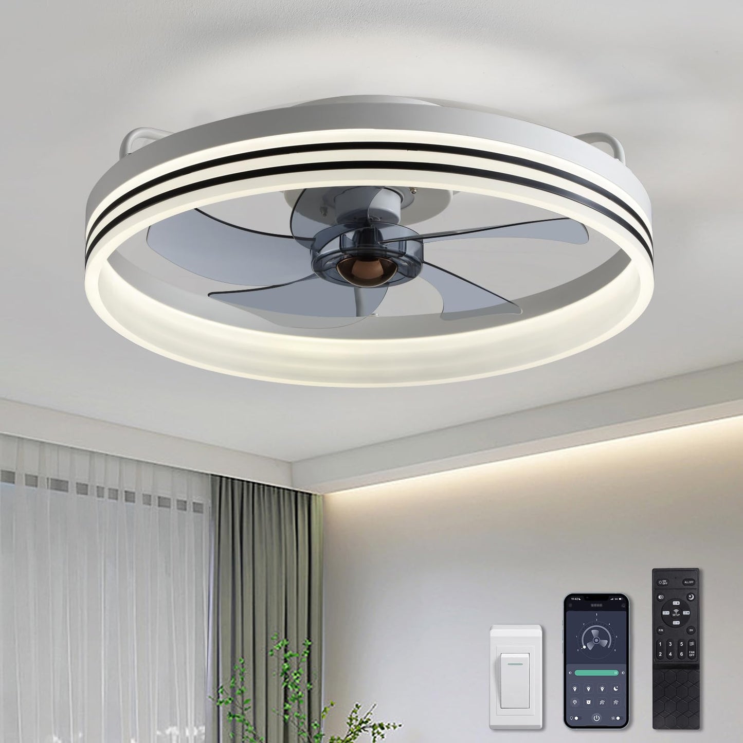 Flush Mount Ceiling Fan with Lights and Remote 20" (Black)