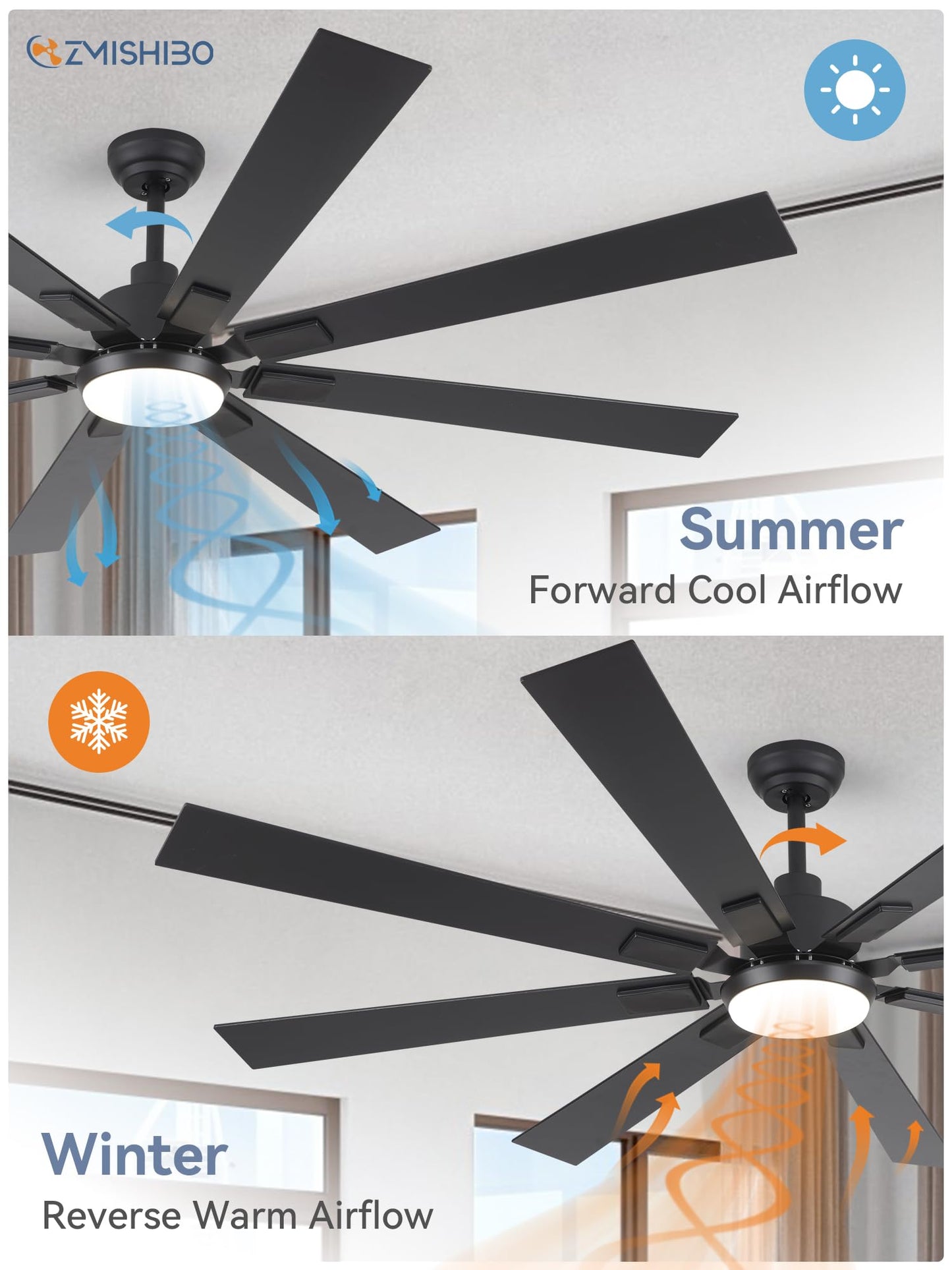 72 inch Large Ceiling Fans with Lights and Remote, Indoor/Outdoor Black Modern Ceiling Fan for Kitchen Living Room Patio, 6 Speed Reversible Quiet DC Motor, 3 CCT, Dual Finish 8 Blades