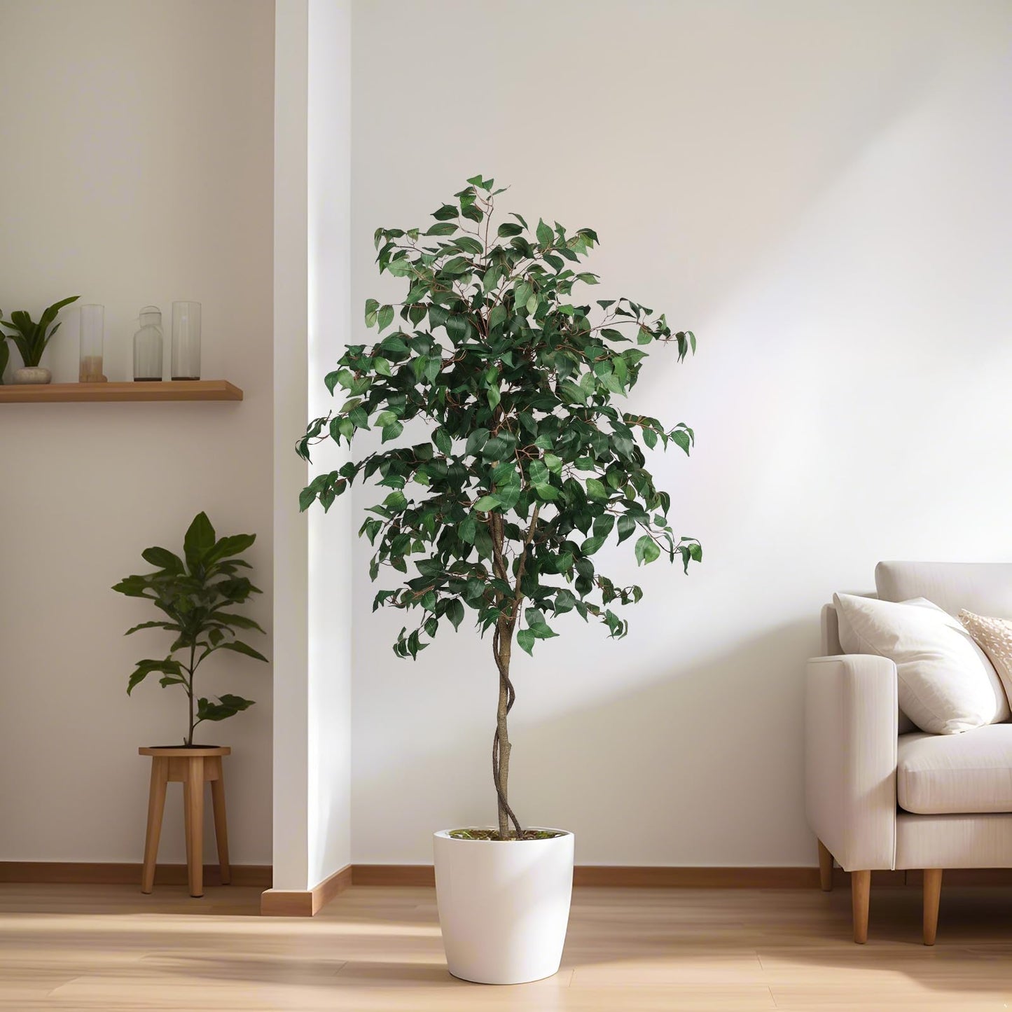 Artificial Ficus Tree, 6FT Tall Fake Ficus Silk Tree with Plastic Nursery Pot, Faux Ficus Tree with Realistic Vines and Leaves, Artificial Plants Indoor for Living Room Balcony Corner Decor