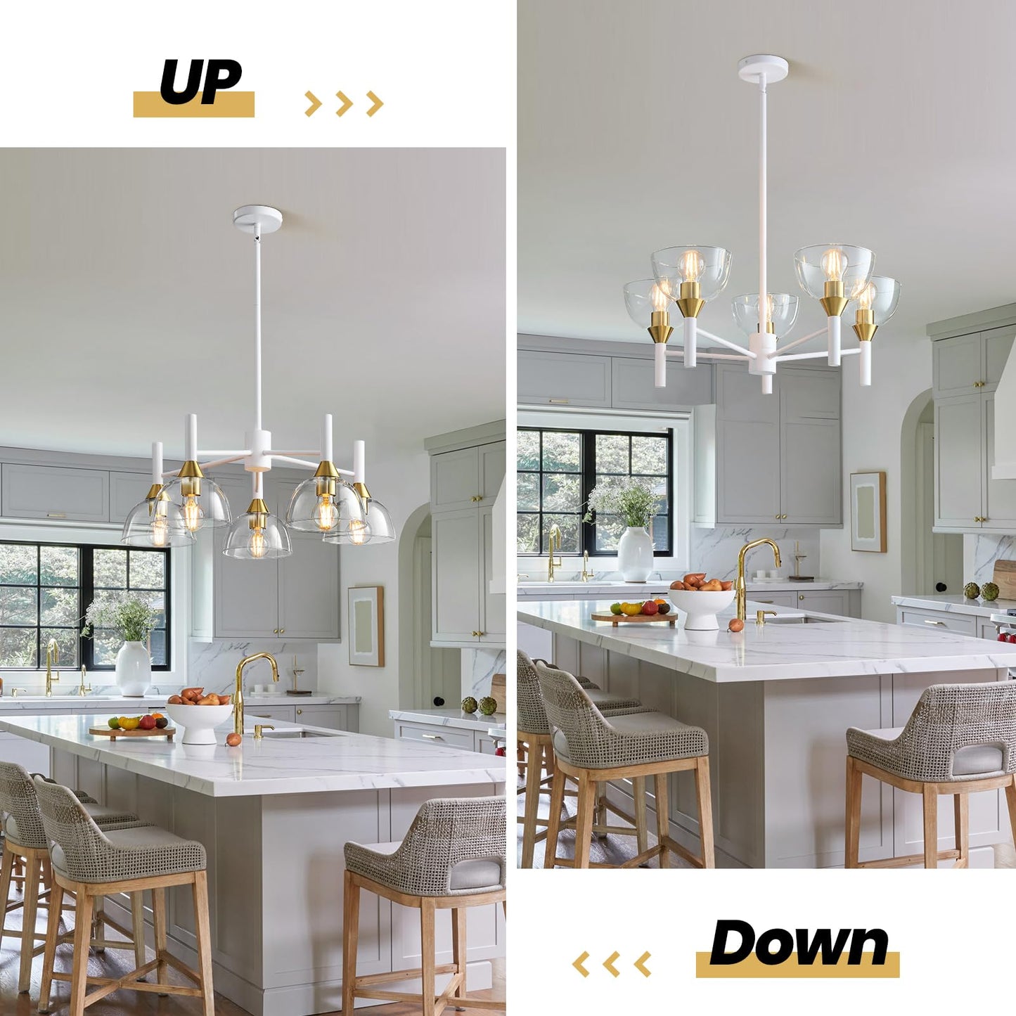 Dining Room Chandeliers Light - 5-Light White and Gold Modern Chandeliers Light Fixtures with Sturdy Clear Glass Lampshades, Height Adjustable Pendant Island Light for Living Room Farmhouse