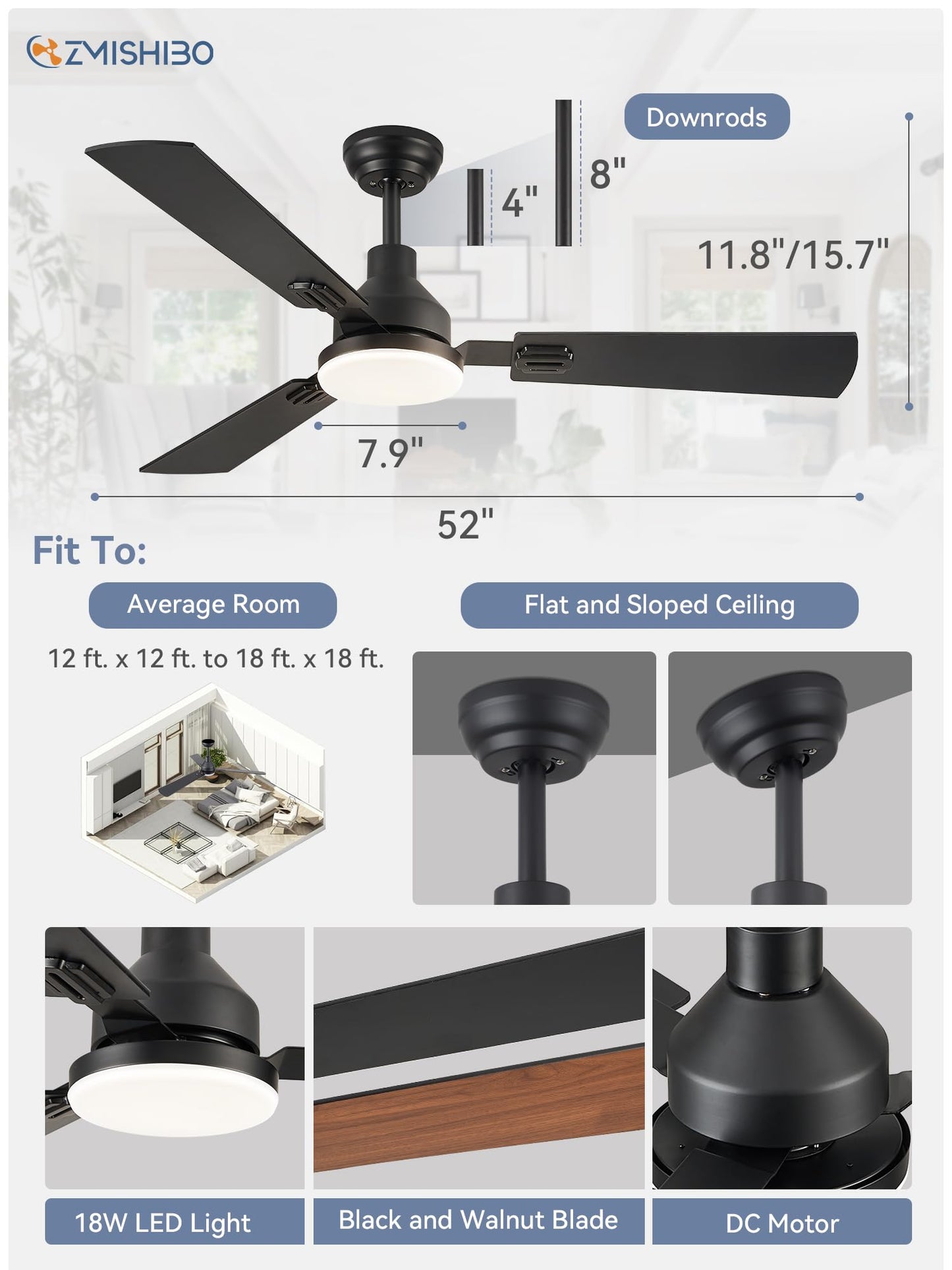 52 Inch Ceiling Fan with Light, 3 Blade LED Ceiling Fans with Remote, Quiet Reversible DC Motor, Dual Finish Blades, Farmhouse Ceiling Fans for Indoor&Outdoor, Bedroom, Kitchen