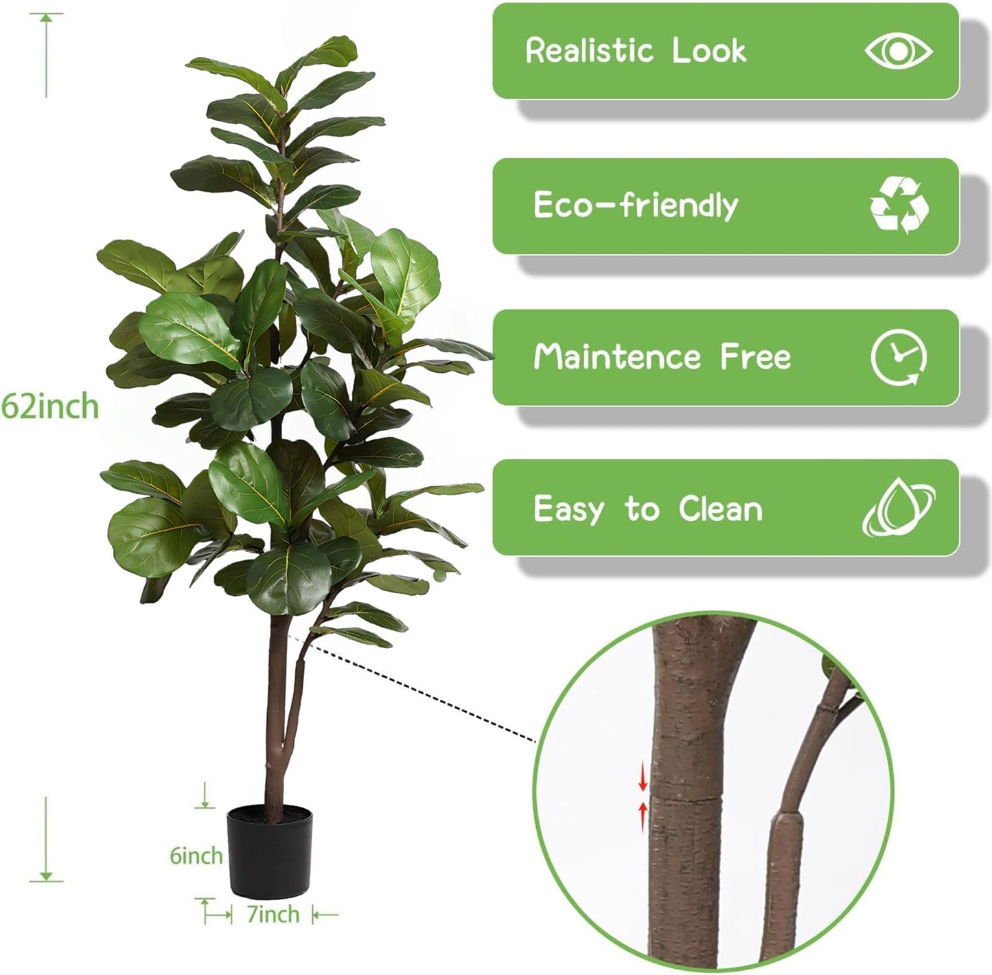 Fiddle Leaf Fig Tree Artificial 5FT, Fake Fig Leaf Tree with Plastic Pot for Home Office Living Room Tall Faux Plants Floor Decor Indoor