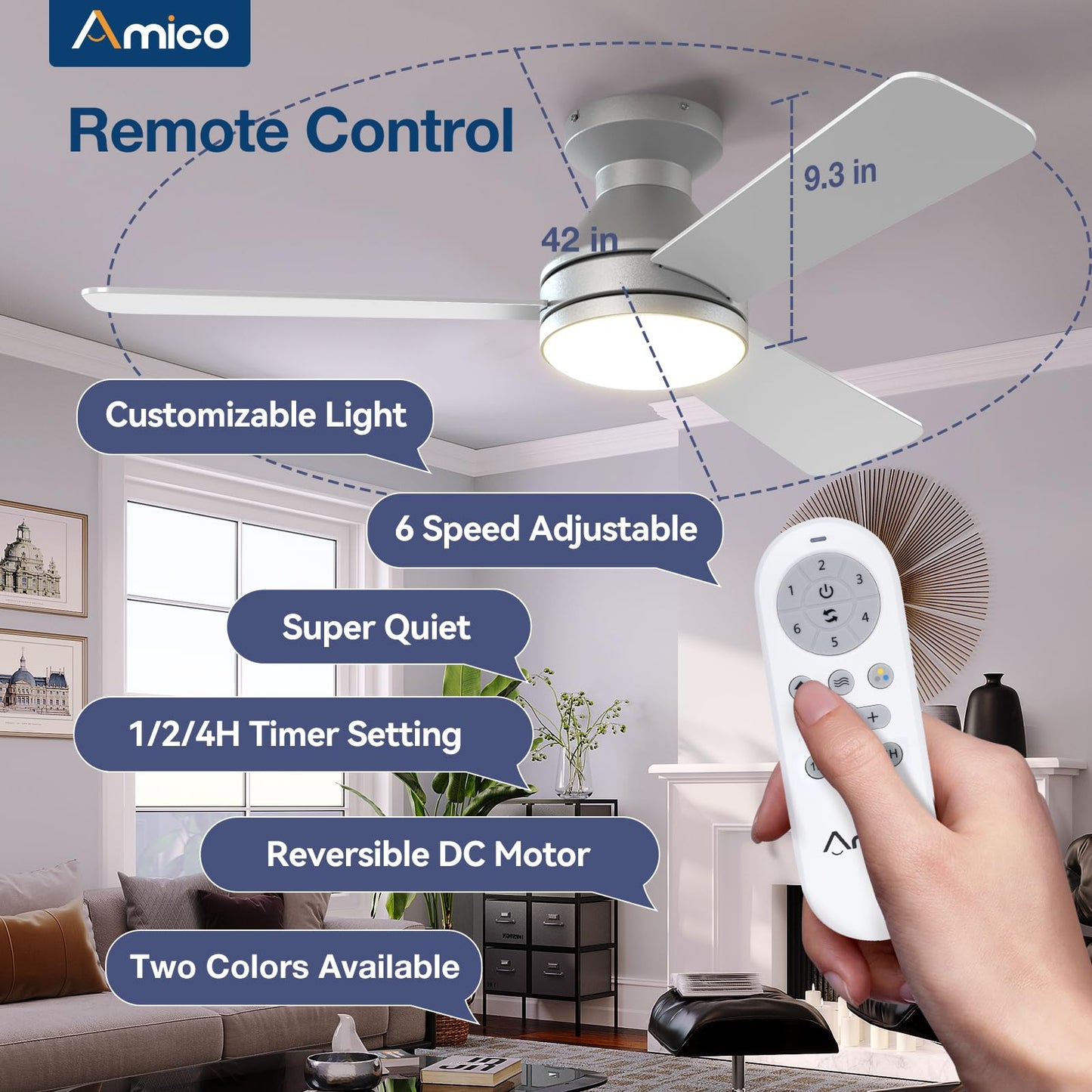 Amico Ceiling Fans with Lights, 42 inch Low Profile Ceiling Fan with Light and Remote Control, Flush Mount, Reversible, 3CCT, Dimmable, Noiseless, Black Ceiling Fan for Bedroom, Indoor/Outdoor Use