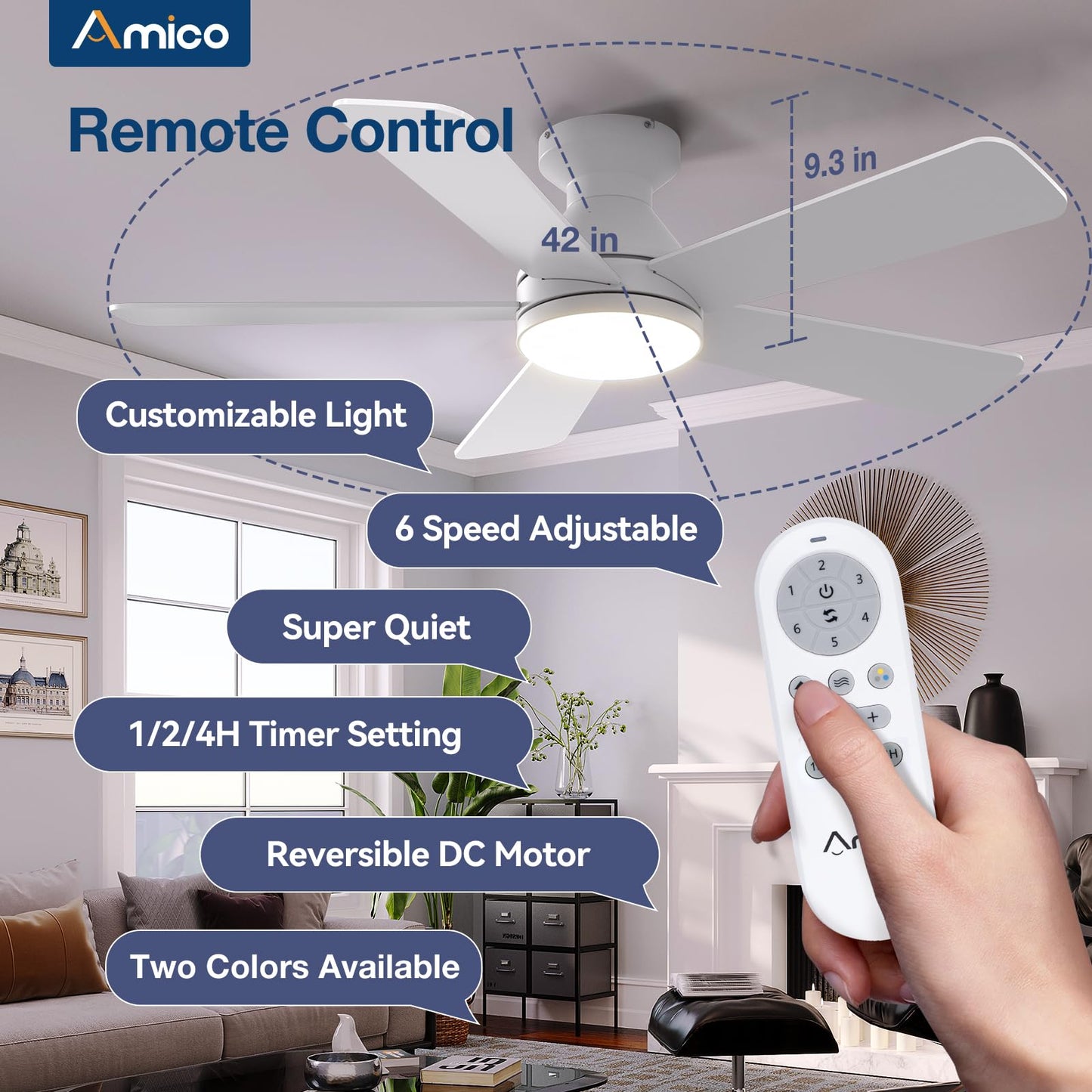 Amico Ceiling Fans with Lights, 42 Inch Low Profile Ceiling Fan with Light and Remote Control, Flush Mount, Reversible, 3CCT, Dimmable, Quiet, White Small Ceiling Fan for Bedroom Outdoor/Indoor Use