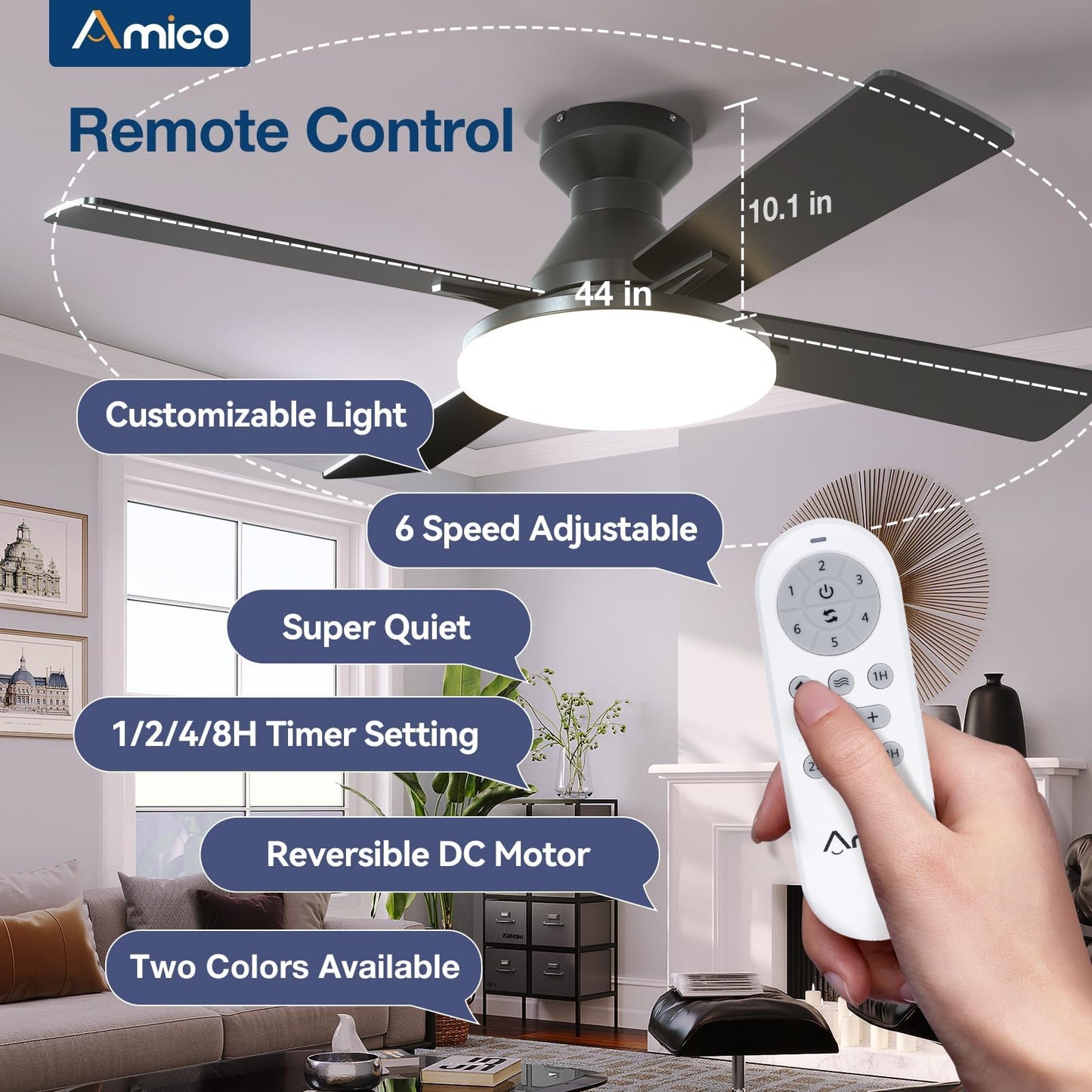 Amico Ceiling Fans with Lights, 44 inch Flush Mount Ceiling Fan with Light and Remote Control, Low Profile, Reversible, 5CCT Dimmable 4 Blades White Ceiling Fan for Bedroom Indoor/Outdoor Use