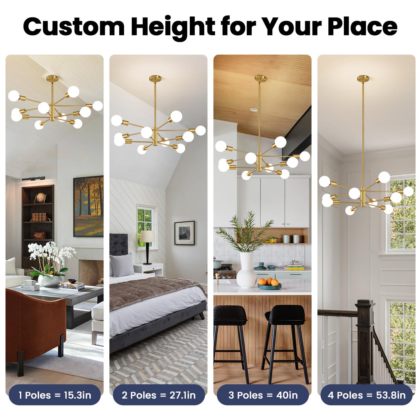 Modern Chandelier Ceiling Light Fixture Sputnik Chandeliers Gold and Black Farmhouse Chandelier Over Table 12-Light Height Adjustable Chandeliers for Dining Room, Living Room,Kitchen Island