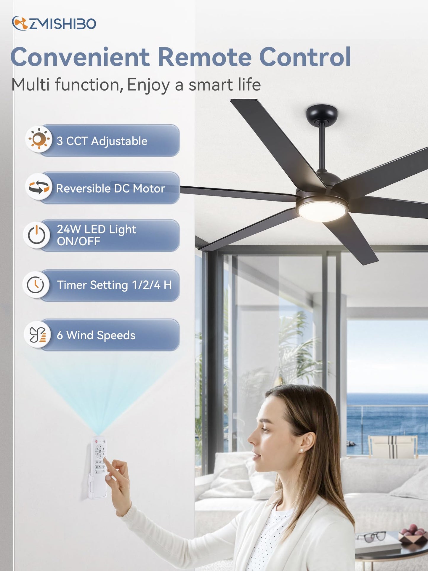 74 Inch Ceiling Fans with Lights and Remote Control, Quiet Reversible DC Motor, 6-Speed, Outdoor Ceiling Fan for Living Room Patio, Black Walnut Finish