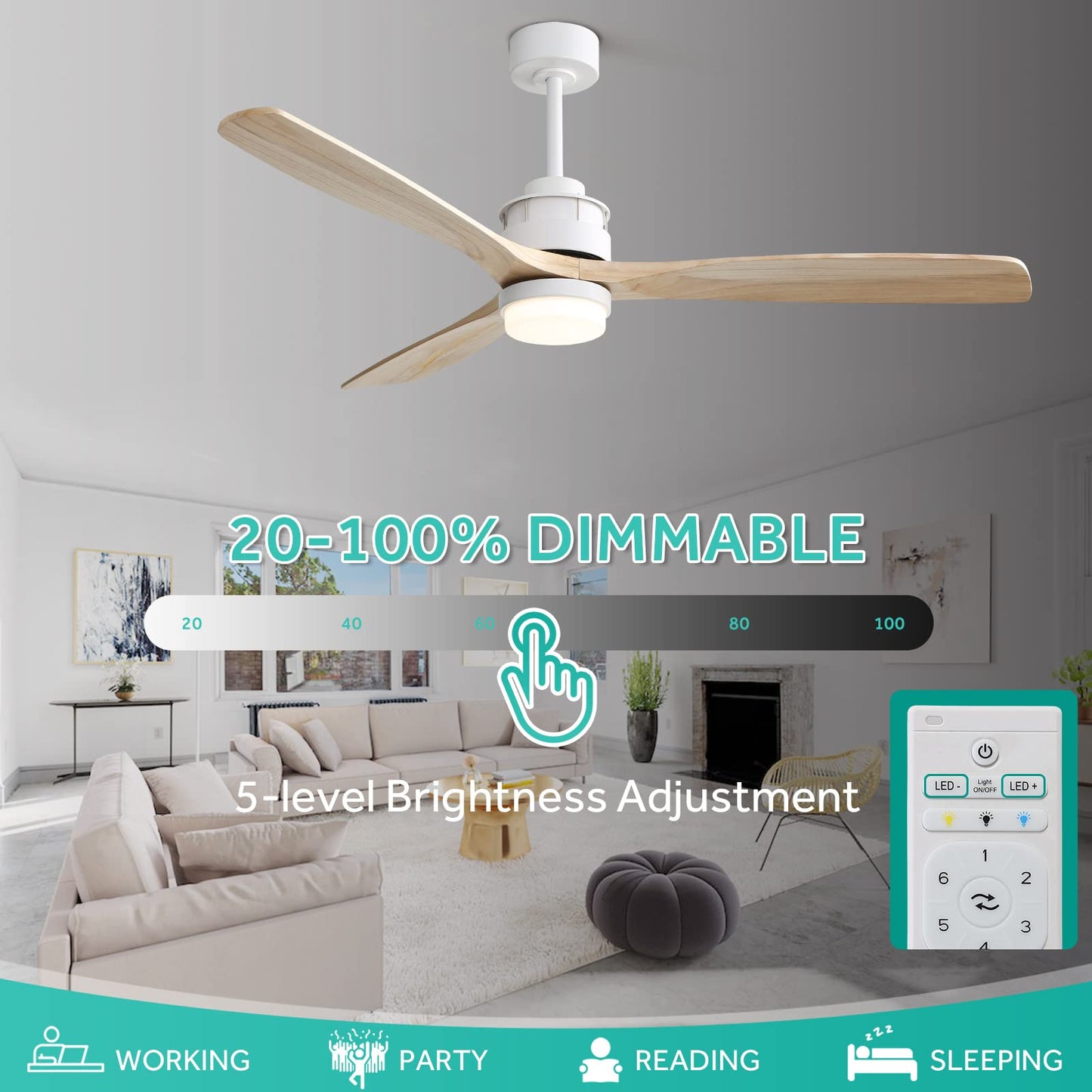 Sofucor 52" Ceiling Fan with Lights Remote Control, 3 Poles for Indoor Outdoor Ceiling Fan with Remote, Reversible Noiseless ETL Motor, 3 Walnut Wooden Blades