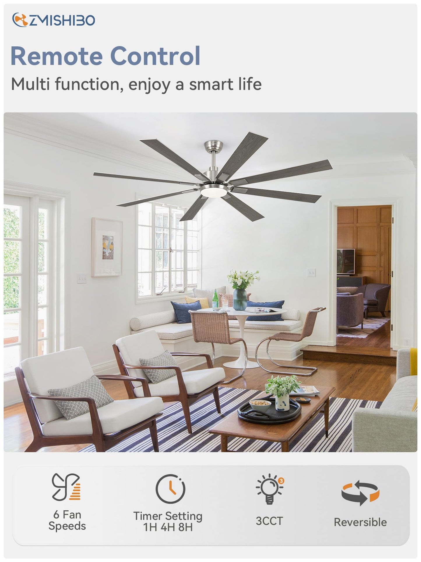 72 inch Large Ceiling Fans with Lights and Remote, Indoor/Outdoor Black Modern Ceiling Fan for Kitchen Living Room Patio, 6 Speed Reversible Quiet DC Motor, 3 CCT, Dual Finish 8 Blades