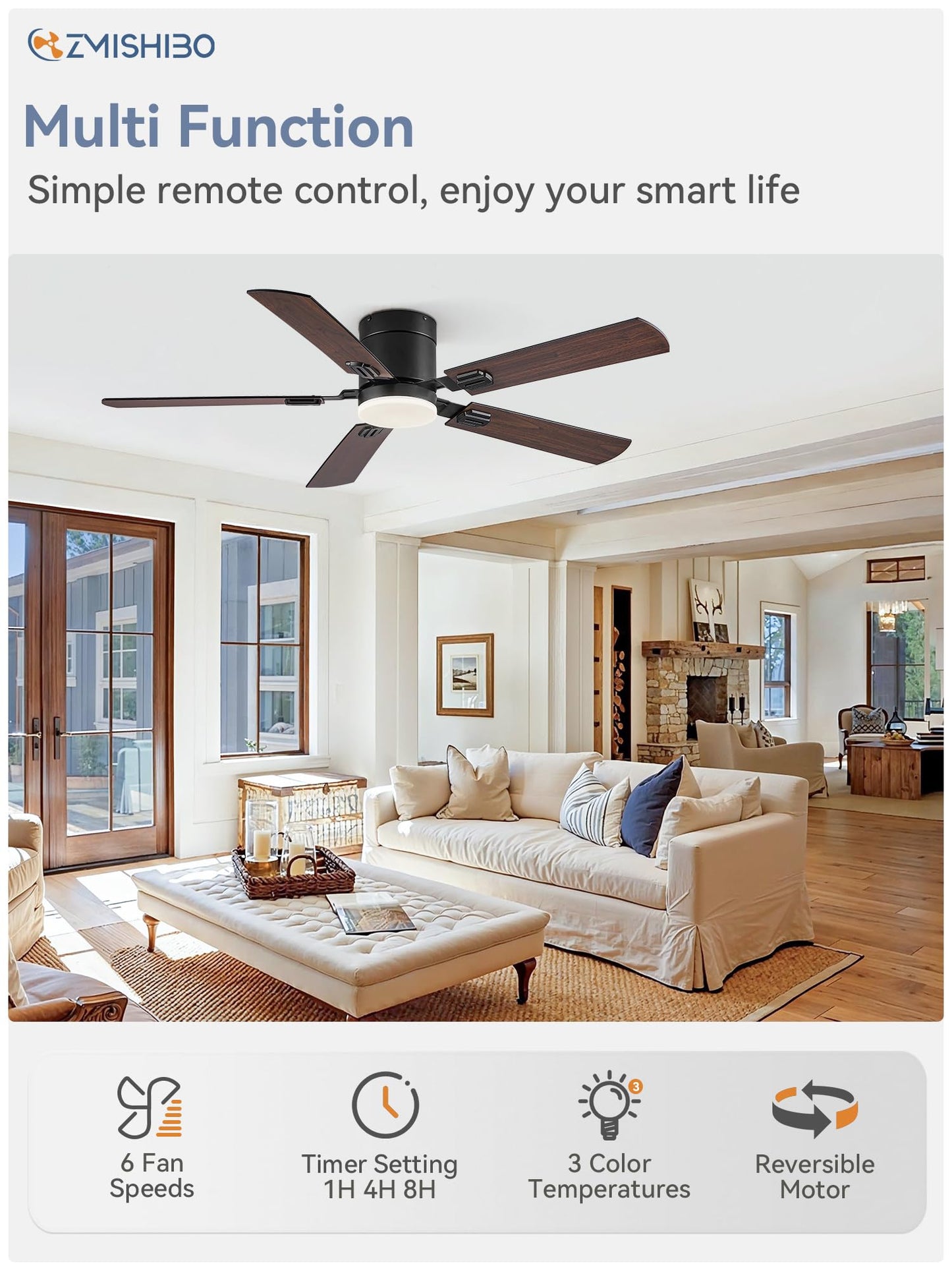 52 Inch Flush Mount Ceiling Fan, Black Low Profile Ceiling Fan with Light and Remote, Ceiling Fan with Tri-Color temperatures, Quiet&Strong DC Motor for Indoor, Bedroom, Kitchen, Living Room