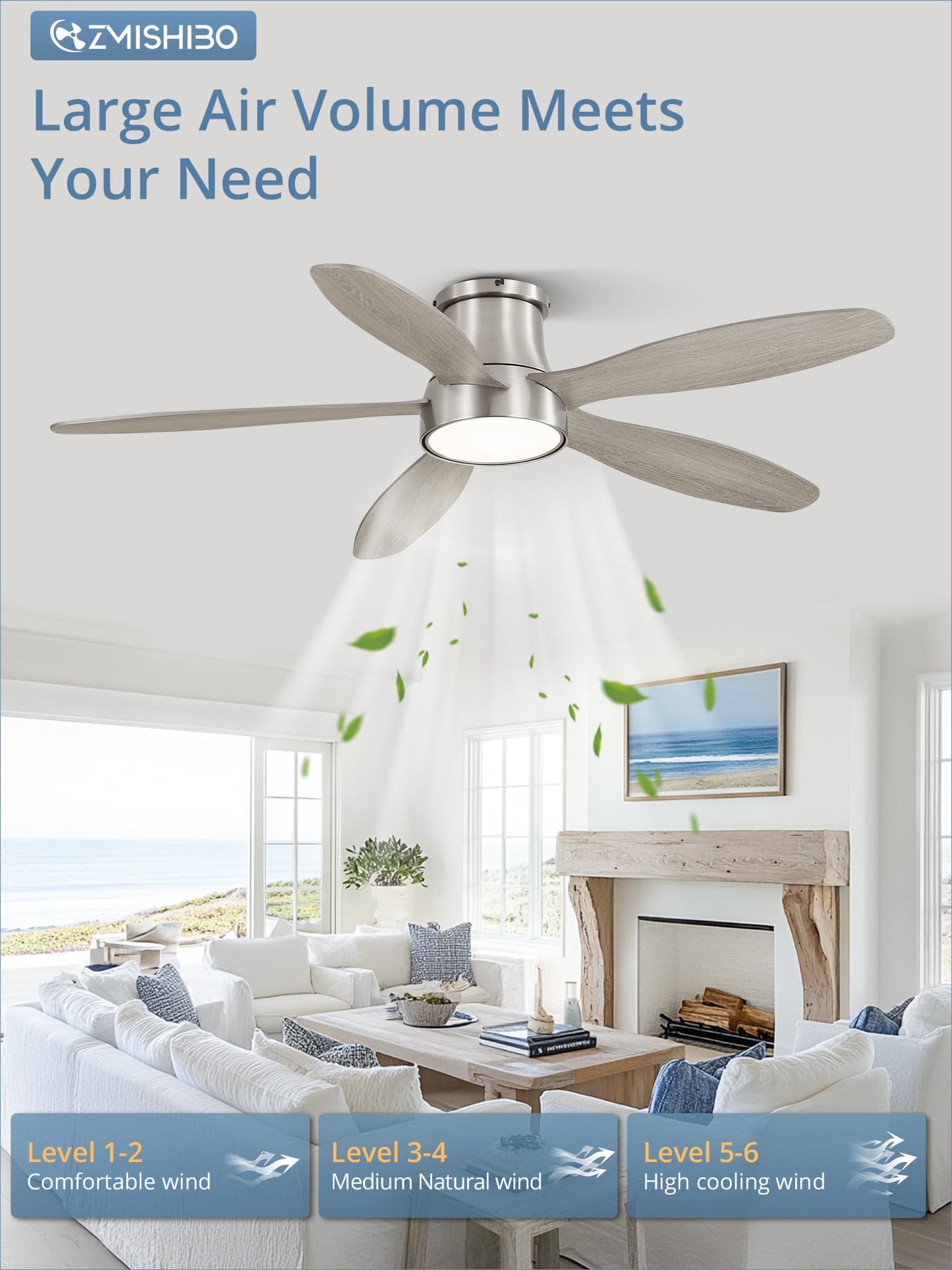 52 Inch Ceiling Fans with Lights, Flush Mount Low Profile Ceiling Fan with Remote, Reversible, 3CCT, Noiseless, LED Ceiling Fan Lighting Fixture for Bedroom, Kitchen, Indoor-Black