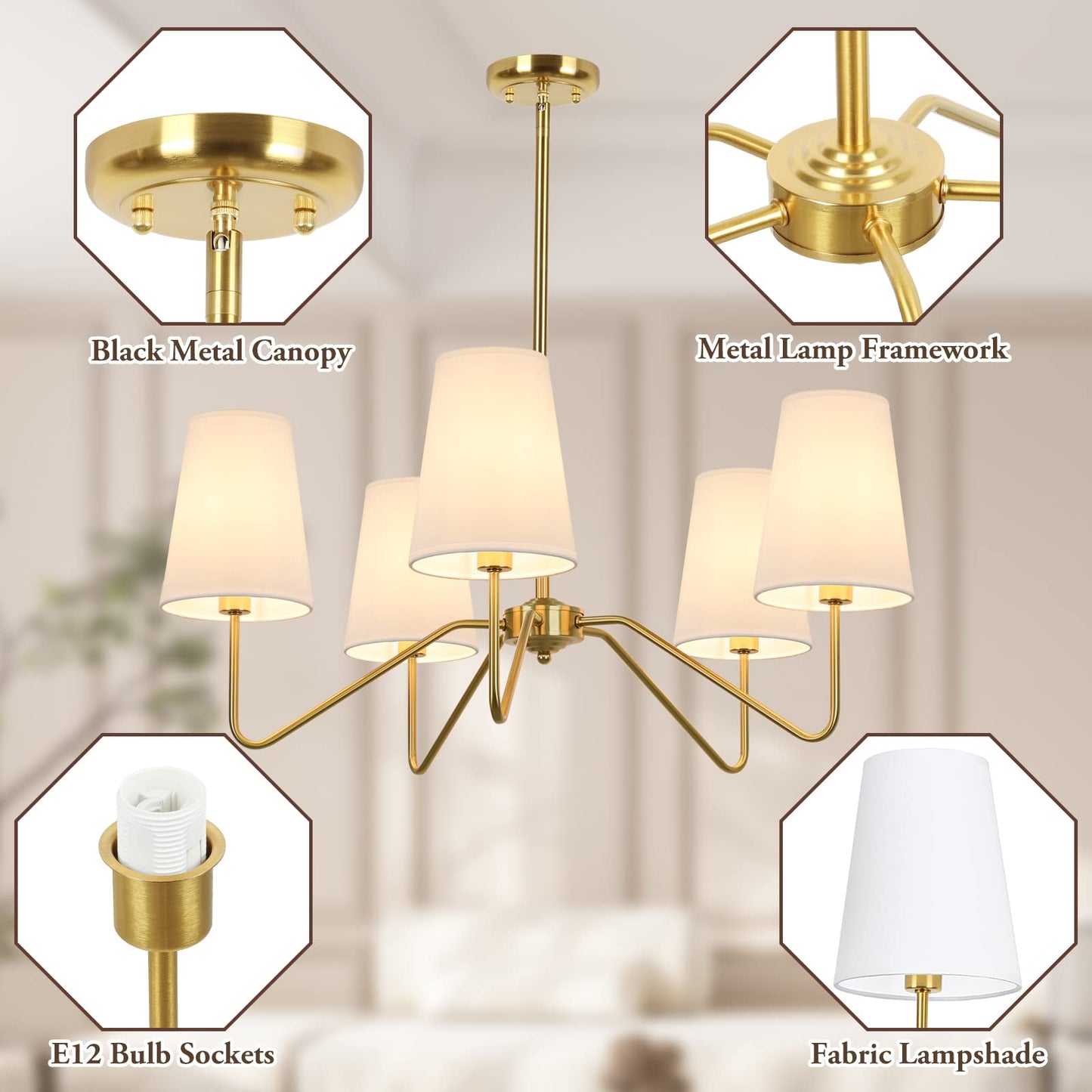 5-Light Modern Chandelier with White Shades, 30” Brass Gold Chandelier for Dining Room, Classic Pendant Ceiling Light Fixture w/ E12 Base Hanging Lamp for Living Room Hallway Bedroom Height Adjustable