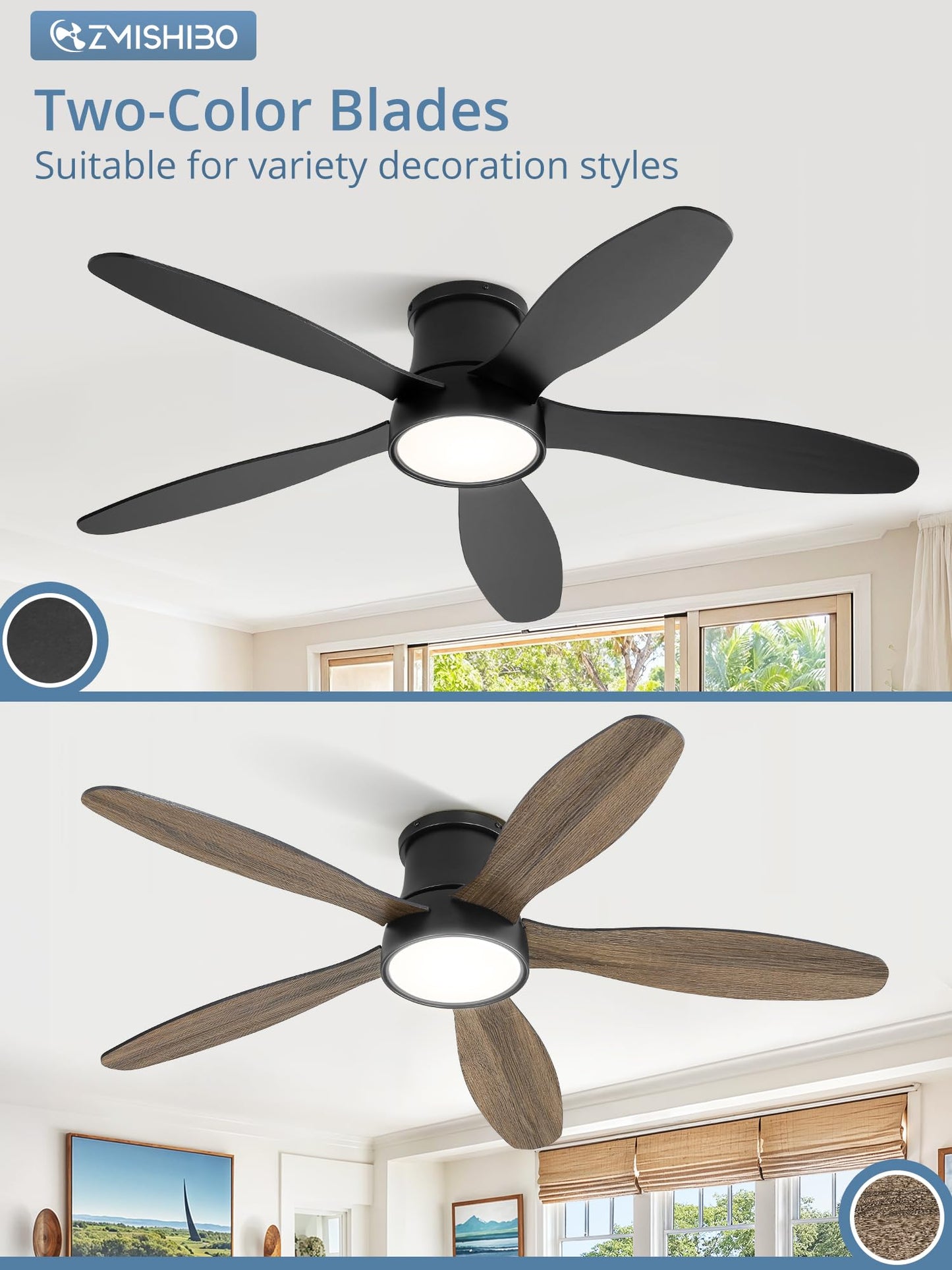 52 Inch Ceiling Fans with Lights, Flush Mount Low Profile Ceiling Fan with Remote, Reversible, 3CCT, Noiseless, LED Ceiling Fan Lighting Fixture for Bedroom, Kitchen, Indoor-Black