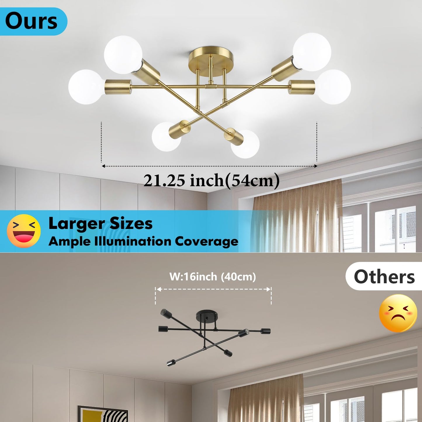 Modern Sputnik Chandelier 6-Light Industrial Ceiling Lights Fixture 22" Black Semi Flush Mount Ceiling Light with E26 Base Sputnik Lights Fixture for Dining Room Bedroom Foyer Hallway Living Room