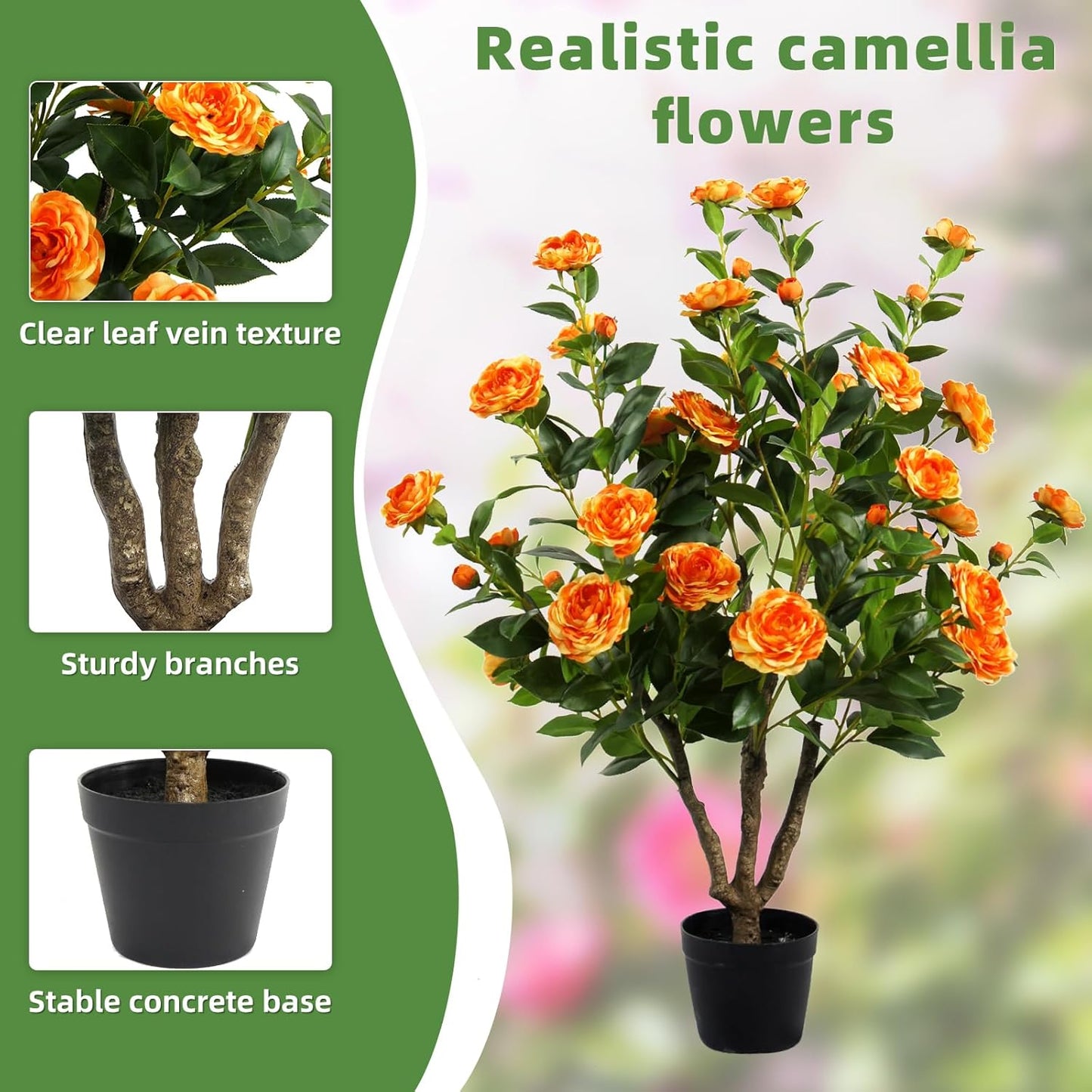 Artificial Camellia Tree 40",Faux Outdoor Camellia Tree with 36 Blooming Flowers,Fake Flower Tree in Cement Pot for Indoor Outdoor Décor