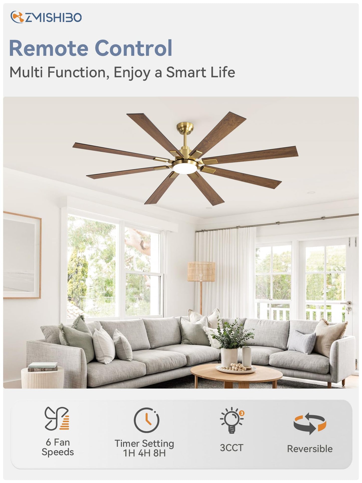 72 inch Large Ceiling Fans with Lights and Remote, Indoor/Outdoor Black Modern Ceiling Fan for Kitchen Living Room Patio, 6 Speed Reversible Quiet DC Motor, 3 CCT, Dual Finish 8 Blades