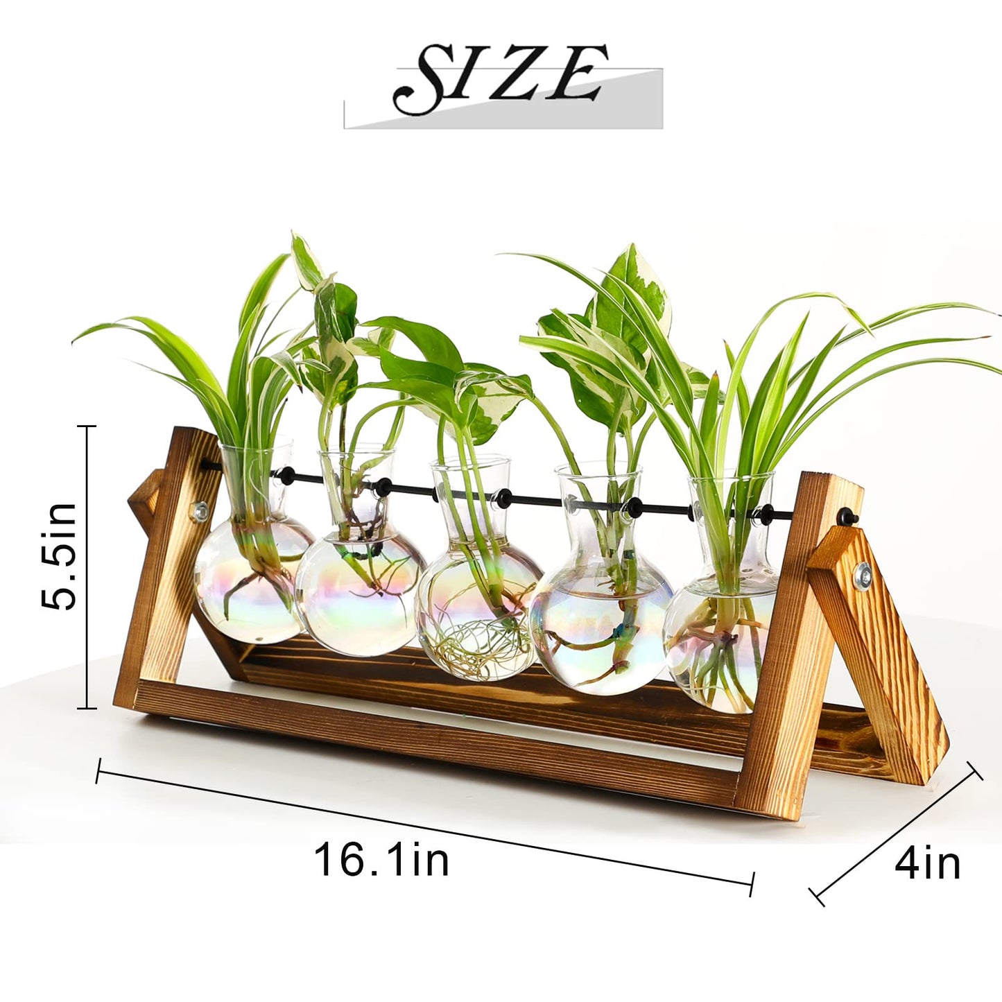 XXXFLOWER Plant Terrarium with Wooden Stand, Wall Hanging Glass Planter Tabletop Propagation Station Metal Swivel Holder Retro Rack for Hydroponics Home Garden Office Decoration - 5 Bulb Vase