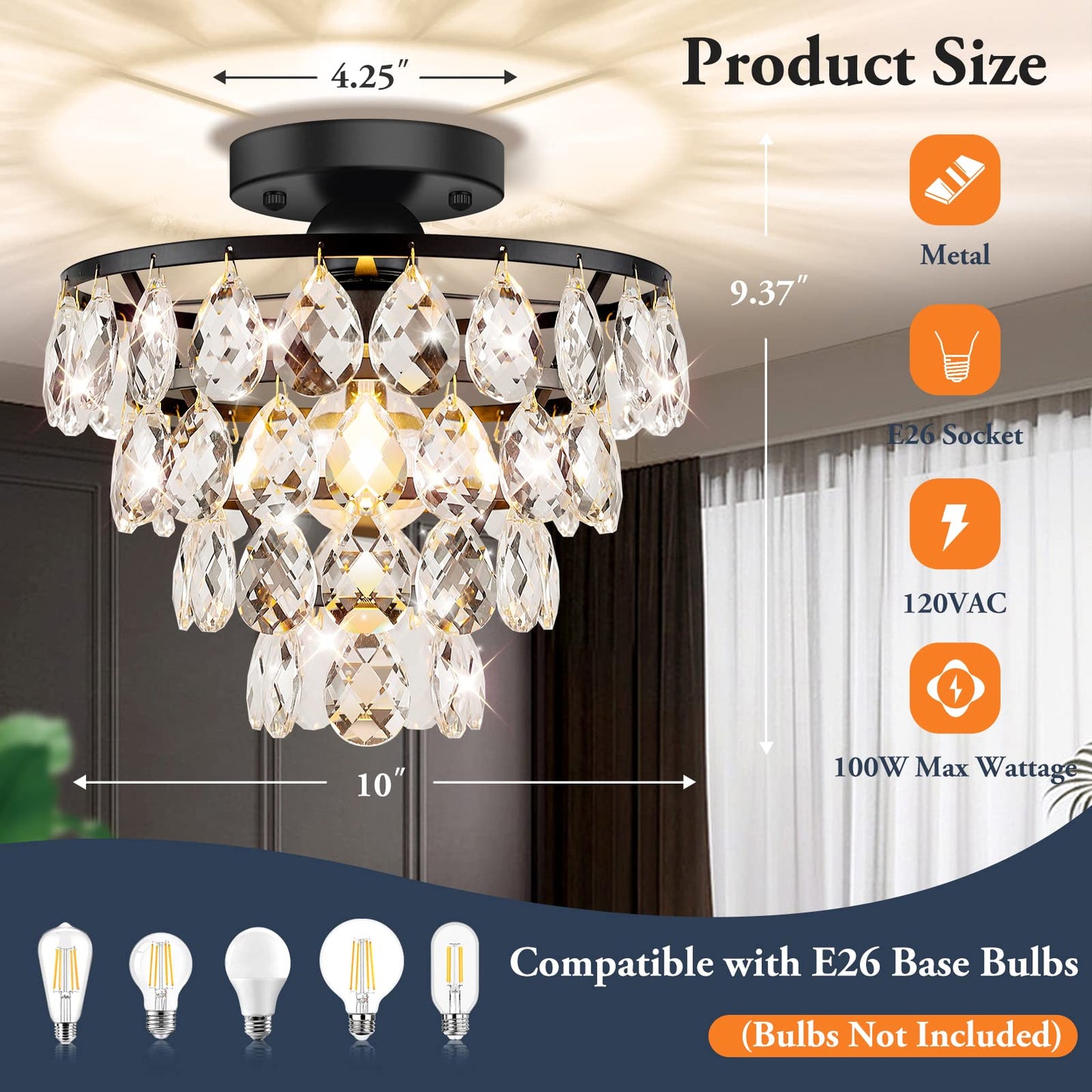 Modern Crystal Ceiling Light - Black Semi Flush Mount Small Chandelier with E26 Base Farmhouse Lighting Fixture for Bedroom Bathroom Closet Living Room Hallway Entryway Kitchen