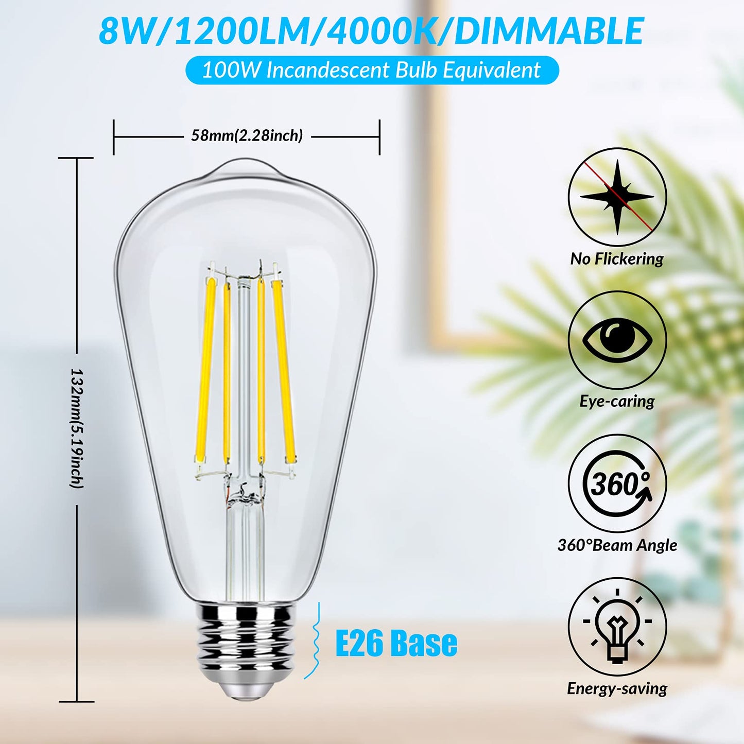 Dimmable Vintage LED Edison Light Bulbs 100W Equivalent, 8W ST58 Soft White 3000K 1200Lumens ST19 Antique LED Filament Bulbs, E26 Base, Clear Glass, CRI90+, Great for Home Bathroom Kitchen(4 Pack)