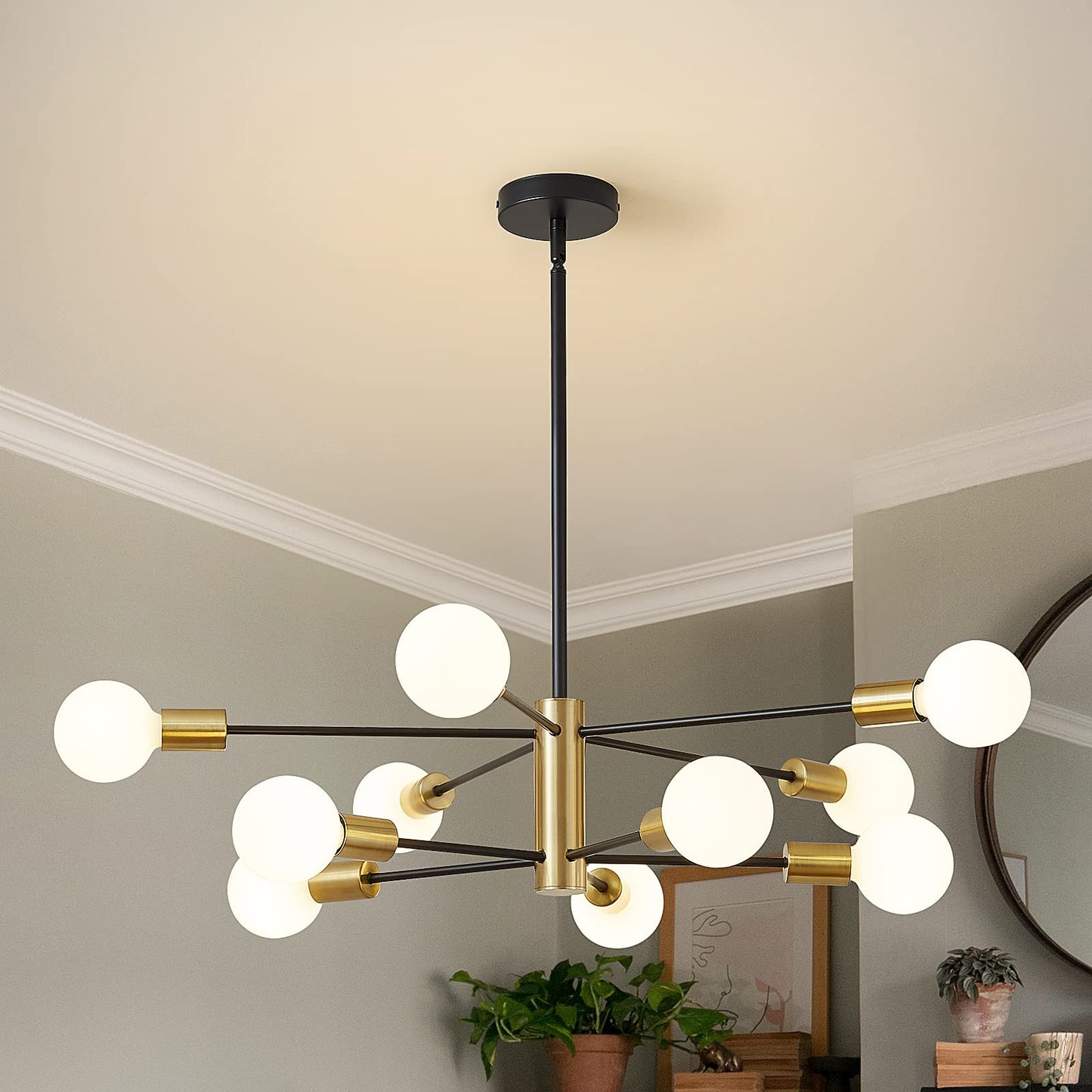 Modern Chandelier Ceiling Light Fixture Sputnik Chandeliers Gold and Black Farmhouse Chandelier Over Table 12-Light Height Adjustable Chandeliers for Dining Room, Living Room,Kitchen Island