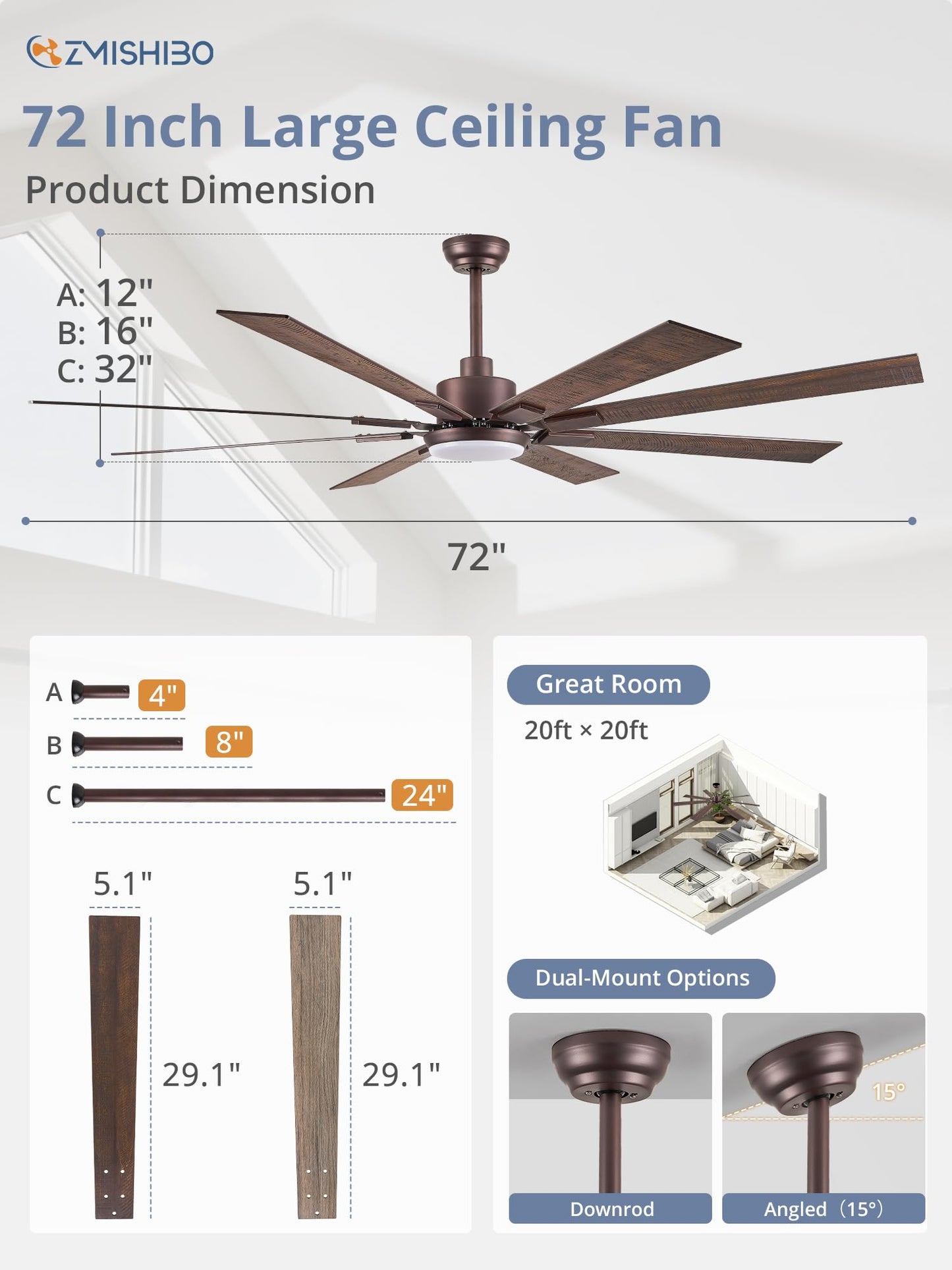 72 inch Large Ceiling Fans with Lights and Remote, Indoor/Outdoor Black Modern Ceiling Fan for Kitchen Living Room Patio, 6 Speed Reversible Quiet DC Motor, 3 CCT, Dual Finish 8 Blades