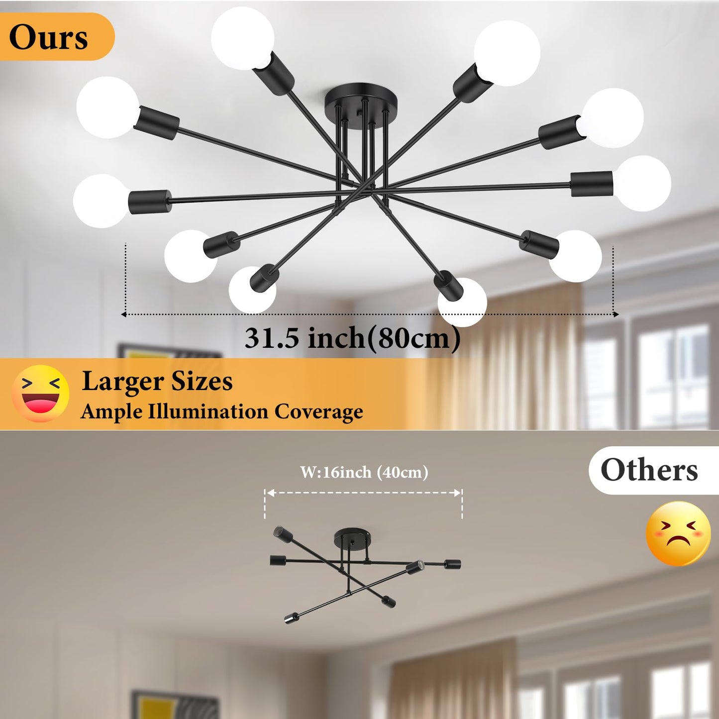 Modern Sputnik Chandelier 6-Light Industrial Ceiling Lights Fixture 22" Black Semi Flush Mount Ceiling Light with E26 Base Sputnik Lights Fixture for Dining Room Bedroom Foyer Hallway Living Room