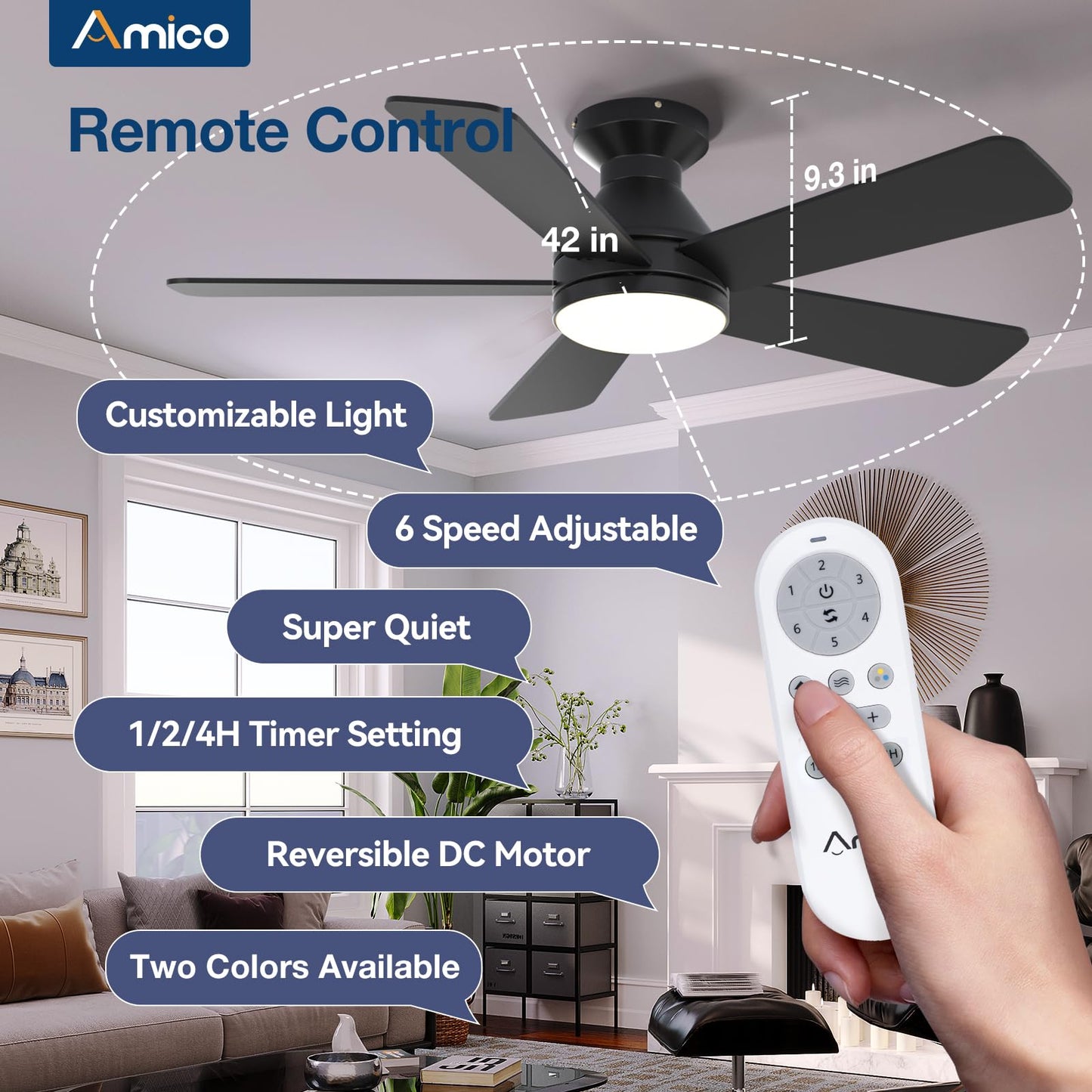 Amico Ceiling Fans with Lights, 42 Inch Low Profile Ceiling Fan with Light and Remote Control, Flush Mount, Reversible, 3CCT, Dimmable, Quiet, White Small Ceiling Fan for Bedroom Outdoor/Indoor Use