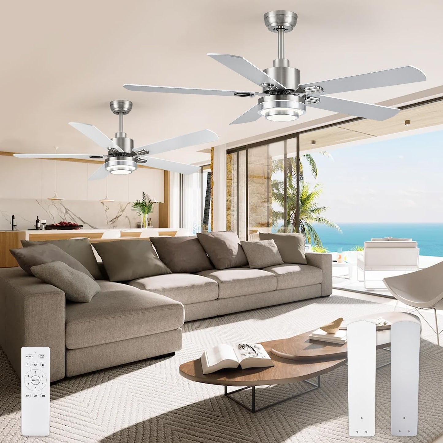 2 Pack Ceiling Fans with Light, 52" Modern Ceiling Fan with Remote, LED Quiet Ceiling Fan for Bedroom, Kitchen, Indoor, Dual Finish Blades (Brushed Nickel & White)