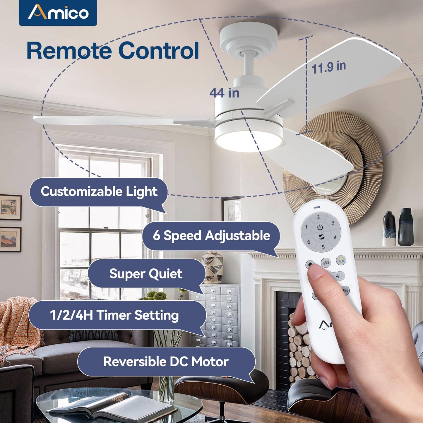 Amico Ceiling Fans with Lights, 44 inch Ceiling Fan with Light and Remote Control, Reversible, 3CCT, Dimmable, Noiseless, Small Black Ceiling Fan for Bedroom, Indoor/Outdoor Use