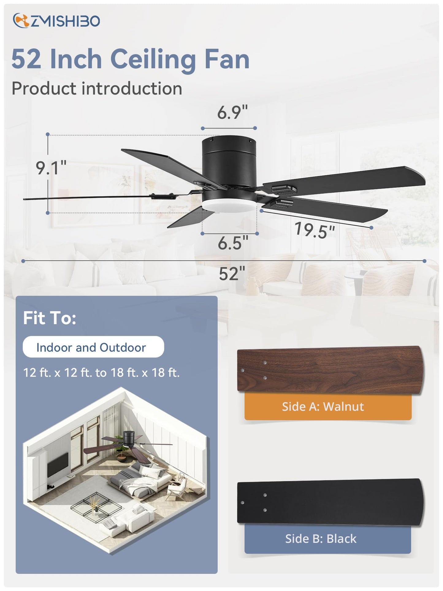 52 Inch Flush Mount Ceiling Fan, Black Low Profile Ceiling Fan with Light and Remote, Ceiling Fan with Tri-Color temperatures, Quiet&Strong DC Motor for Indoor, Bedroom, Kitchen, Living Room