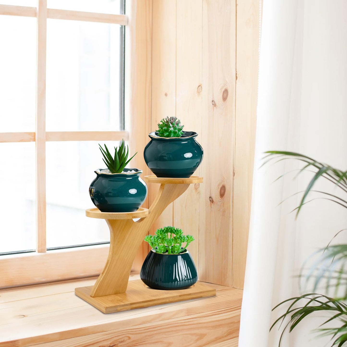 XXXFLOWER Bamboo Plant Stand ,3 Tiers Indoor Succulent Windowsill Shelf - Small Tabletop Plant Holder for Home, Office, Living Room, Bedroom Decoration 1pc