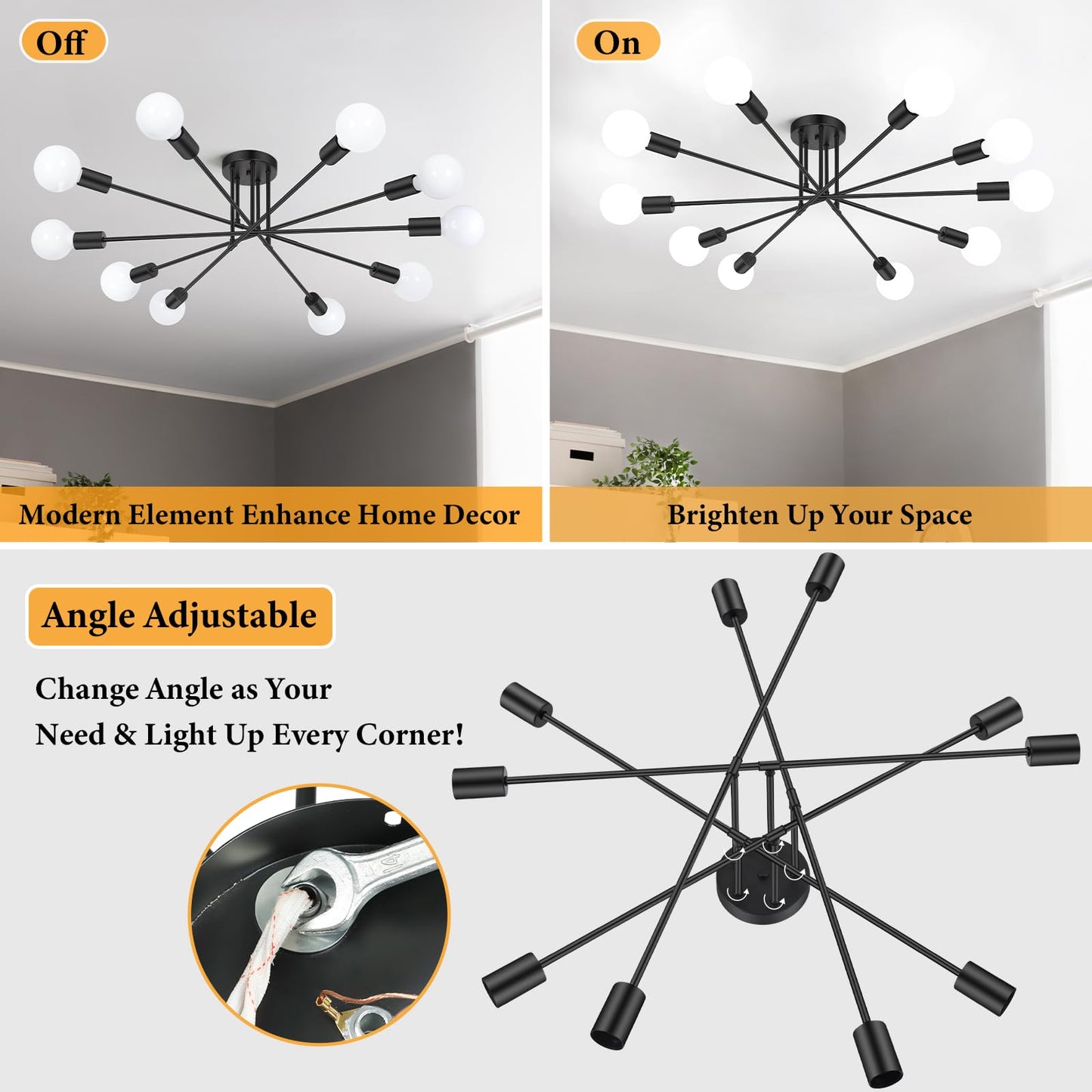 Modern Sputnik Chandelier 6-Light Industrial Ceiling Lights Fixture 22" Black Semi Flush Mount Ceiling Light with E26 Base Sputnik Lights Fixture for Dining Room Bedroom Foyer Hallway Living Room