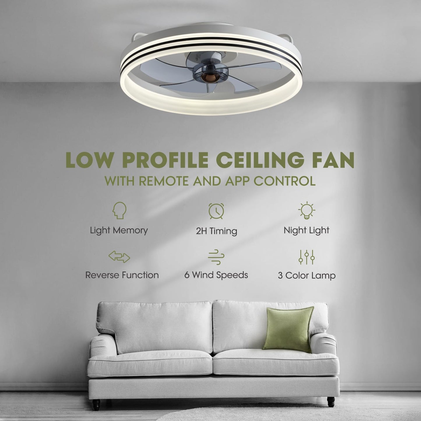 Flush Mount Ceiling Fan with Lights and Remote 20" (Black)