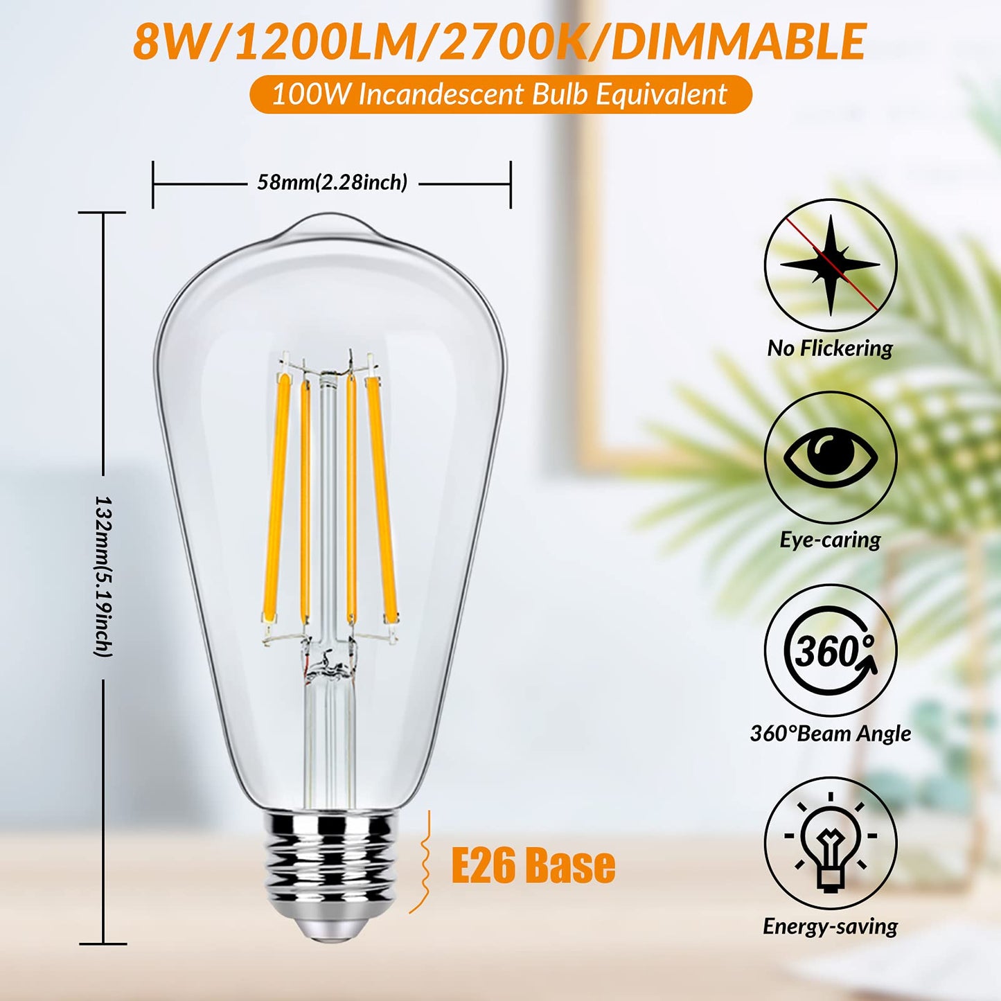 Dimmable Vintage LED Edison Light Bulbs 100W Equivalent, 8W ST58 Soft White 3000K 1200Lumens ST19 Antique LED Filament Bulbs, E26 Base, Clear Glass, CRI90+, Great for Home Bathroom Kitchen(4 Pack)