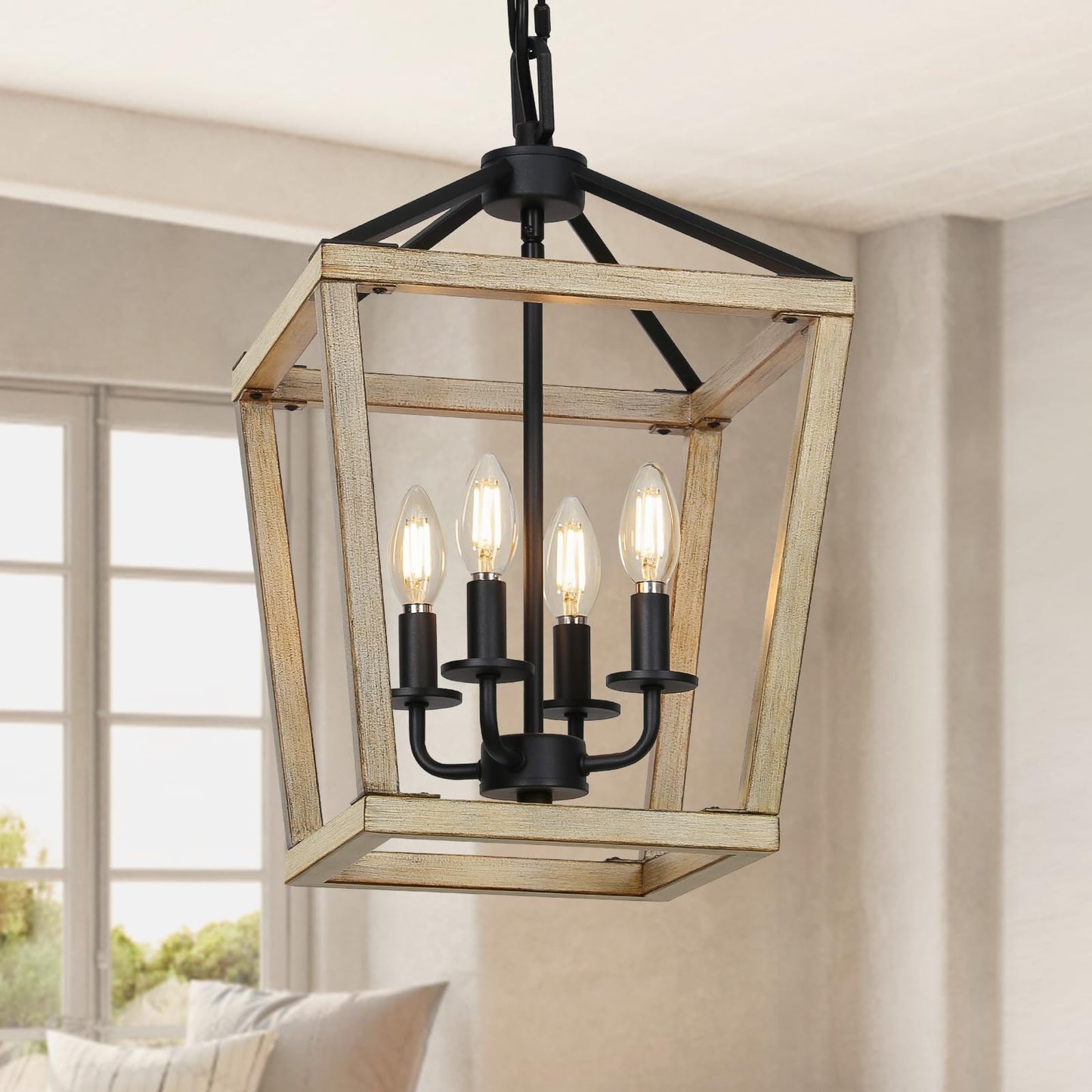 4 Light Chandelier, Industrial Ceiling Light Black Lantern Light Fixtures with Farmhouse Metal Cage Adjustable Height Rustic Geometric Hanging Light E12 Base for Kitchen Island, Entryway, Indoor