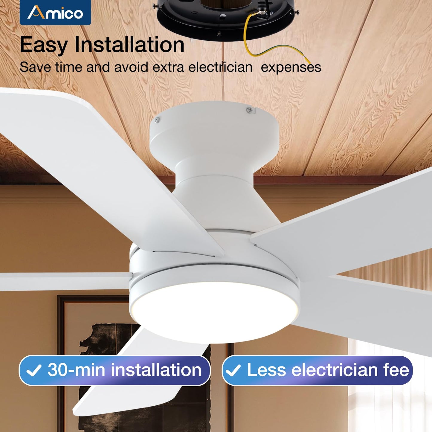 Amico Ceiling Fans with Lights, 42 Inch Low Profile Ceiling Fan with Light and Remote Control, Flush Mount, Reversible, 3CCT, Dimmable, Quiet, White Small Ceiling Fan for Bedroom Outdoor/Indoor Use