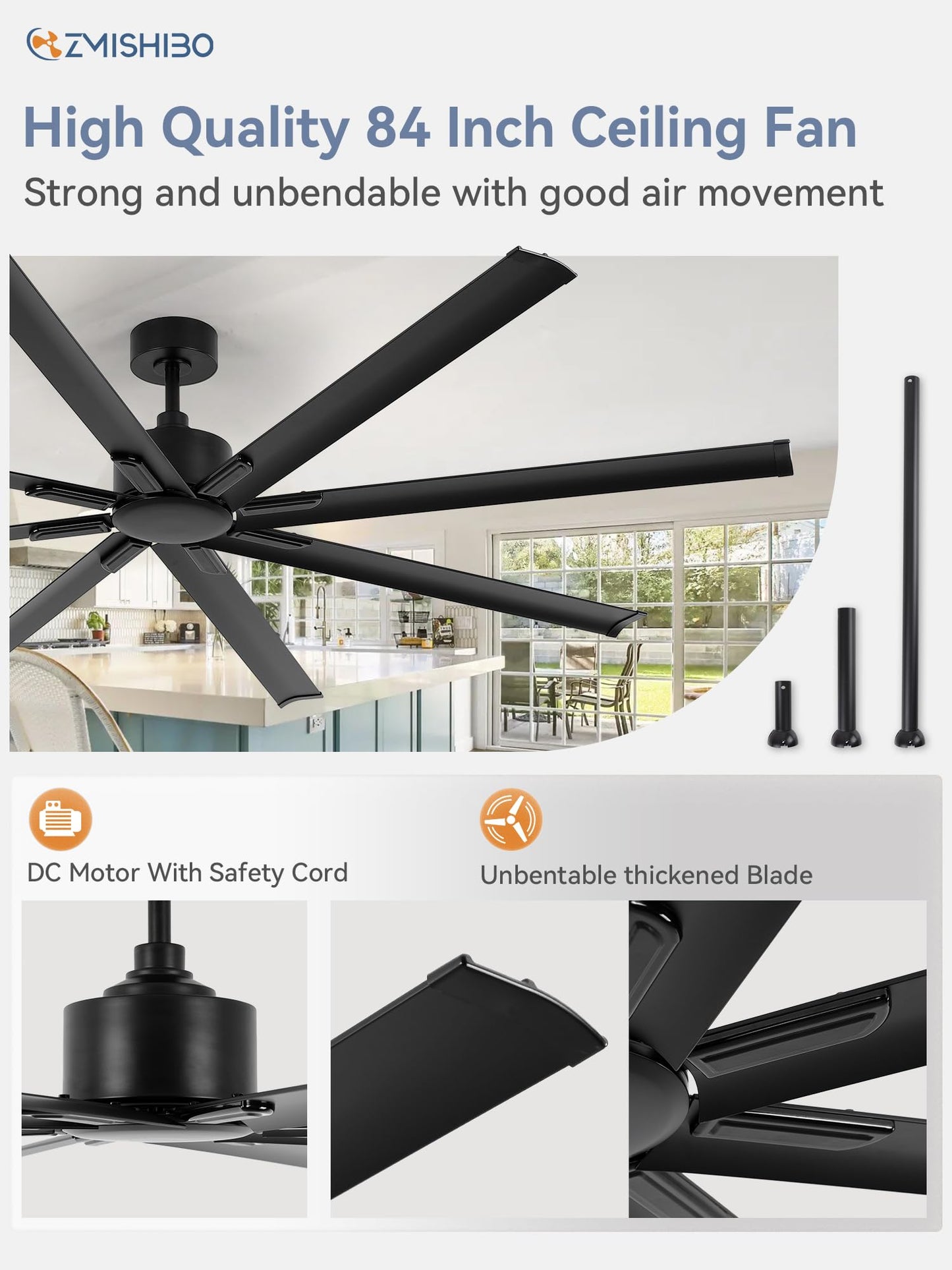 84 Inch Industrial DC Motor Ceiling Fan, Large Ceiling Fan with 8 Reversible Blades, 3 Downrods, 6-Speed Remote Control, Home or Commercial Ceiling Fans for Porch/Garage/Shop, Black