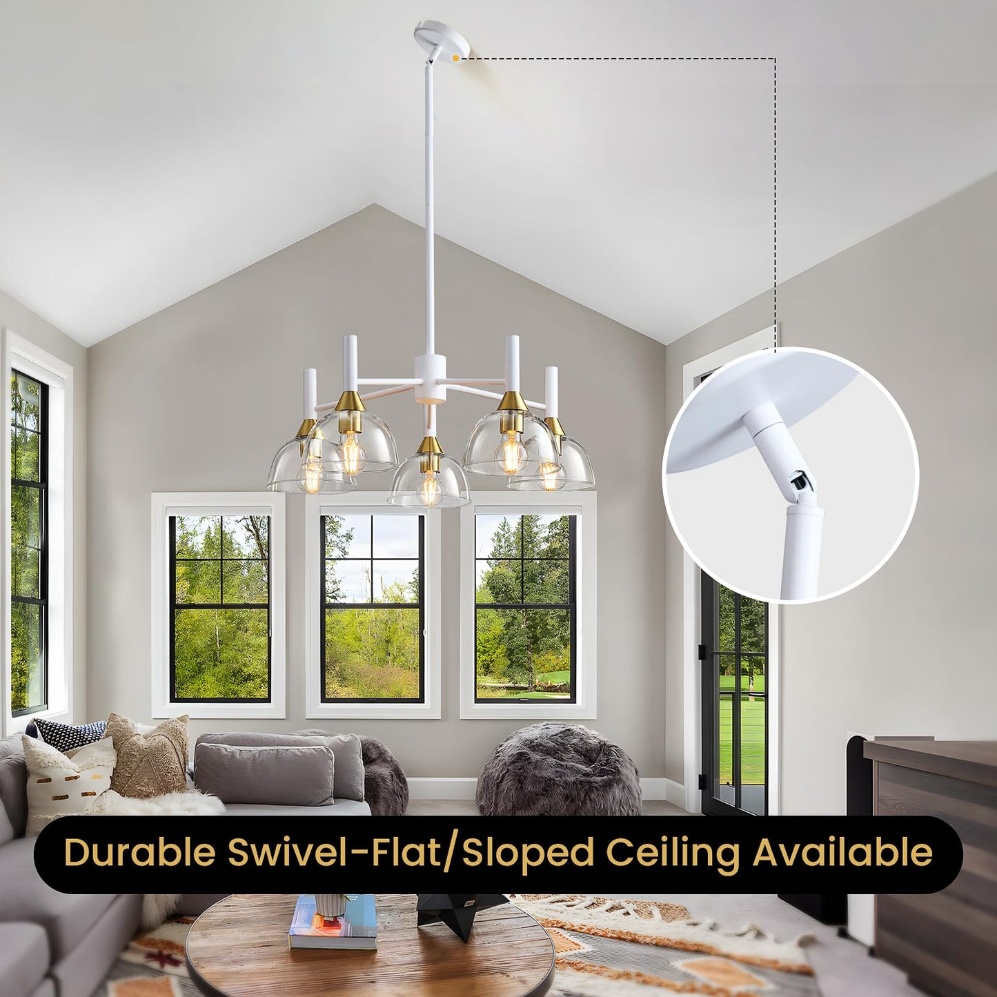 Dining Room Chandeliers Light - 5-Light White and Gold Modern Chandeliers Light Fixtures with Sturdy Clear Glass Lampshades, Height Adjustable Pendant Island Light for Living Room Farmhouse