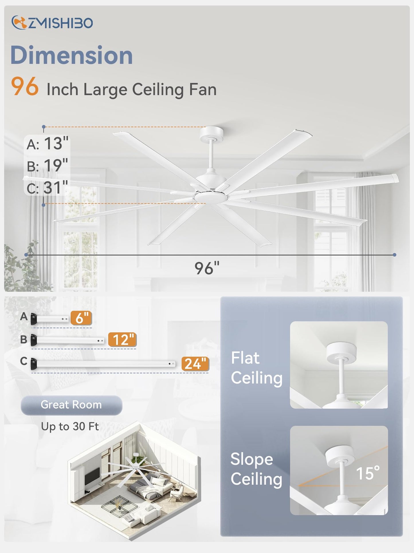 96 Inch Industrial DC Motor Ceiling Fan, Large Ceiling Fan with 8 Reversible Blades, 3 Downrods, 6-Speed Remote Control, Home or Commercial Ceiling Fans for Porch/Garage/Shop, Black