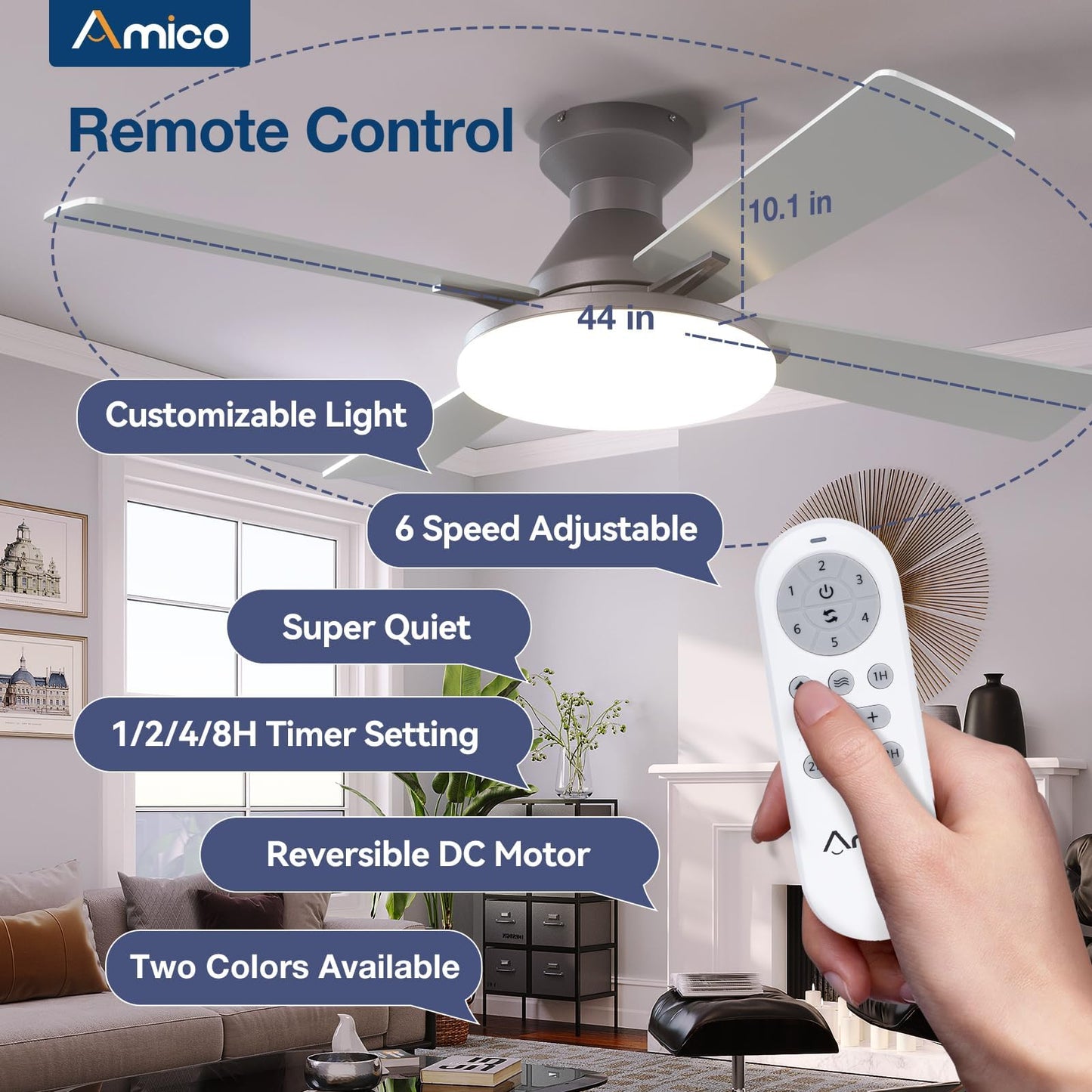 Amico Ceiling Fans with Lights, 44 inch Flush Mount Ceiling Fan with Light and Remote Control, Low Profile, Reversible, 5CCT Dimmable 4 Blades White Ceiling Fan for Bedroom Indoor/Outdoor Use