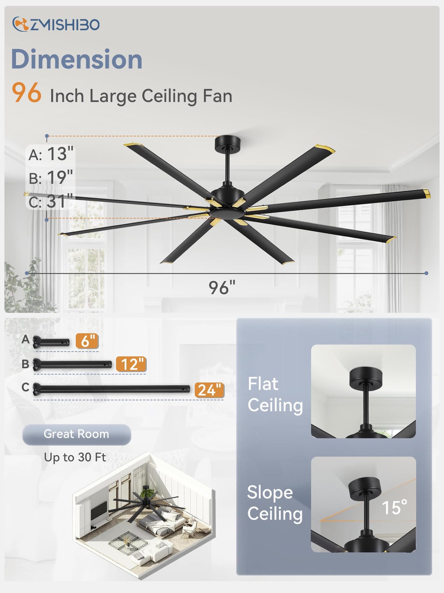 96 Inch Industrial DC Motor Ceiling Fan, Large Ceiling Fan with 8 Reversible Blades, 3 Downrods, 6-Speed Remote Control, Home or Commercial Ceiling Fans for Porch/Garage/Shop, Black