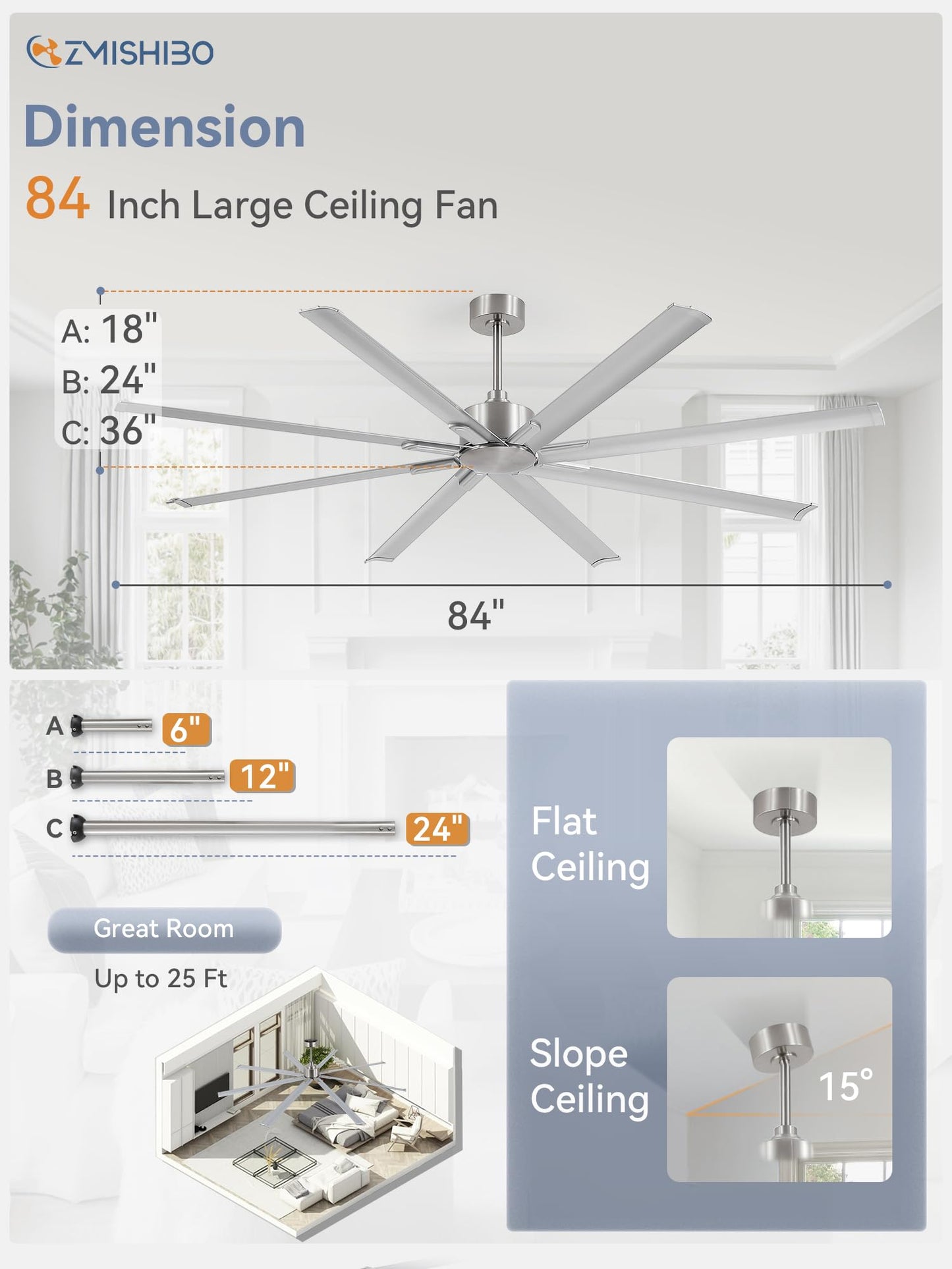 96 Inch Industrial DC Motor Ceiling Fan, Large Ceiling Fan with 8 Reversible Blades, 3 Downrods, 6-Speed Remote Control, Home or Commercial Ceiling Fans for Porch/Garage/Shop, Black