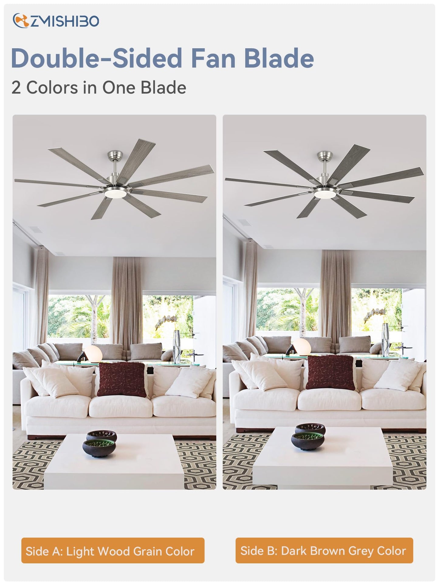 72 inch Large Ceiling Fans with Lights and Remote, Indoor/Outdoor Black Modern Ceiling Fan for Kitchen Living Room Patio, 6 Speed Reversible Quiet DC Motor, 3 CCT, Dual Finish 8 Blades