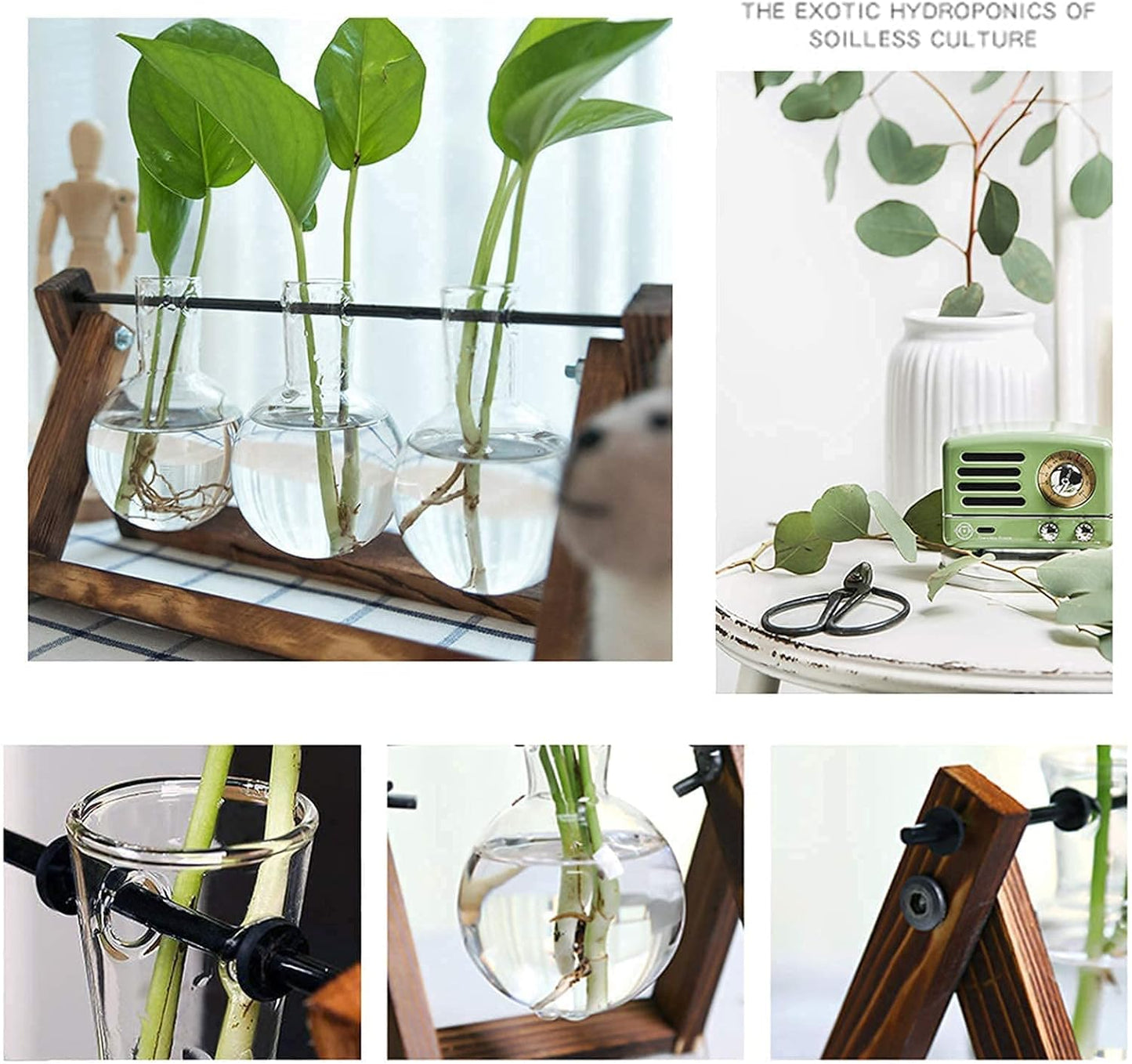 XXXFLOWER Plant Terrarium with Wooden Stand - 3 Bulb Vase + Glass Plant Mister Spray Bottle for Indoor Plant Spritzer