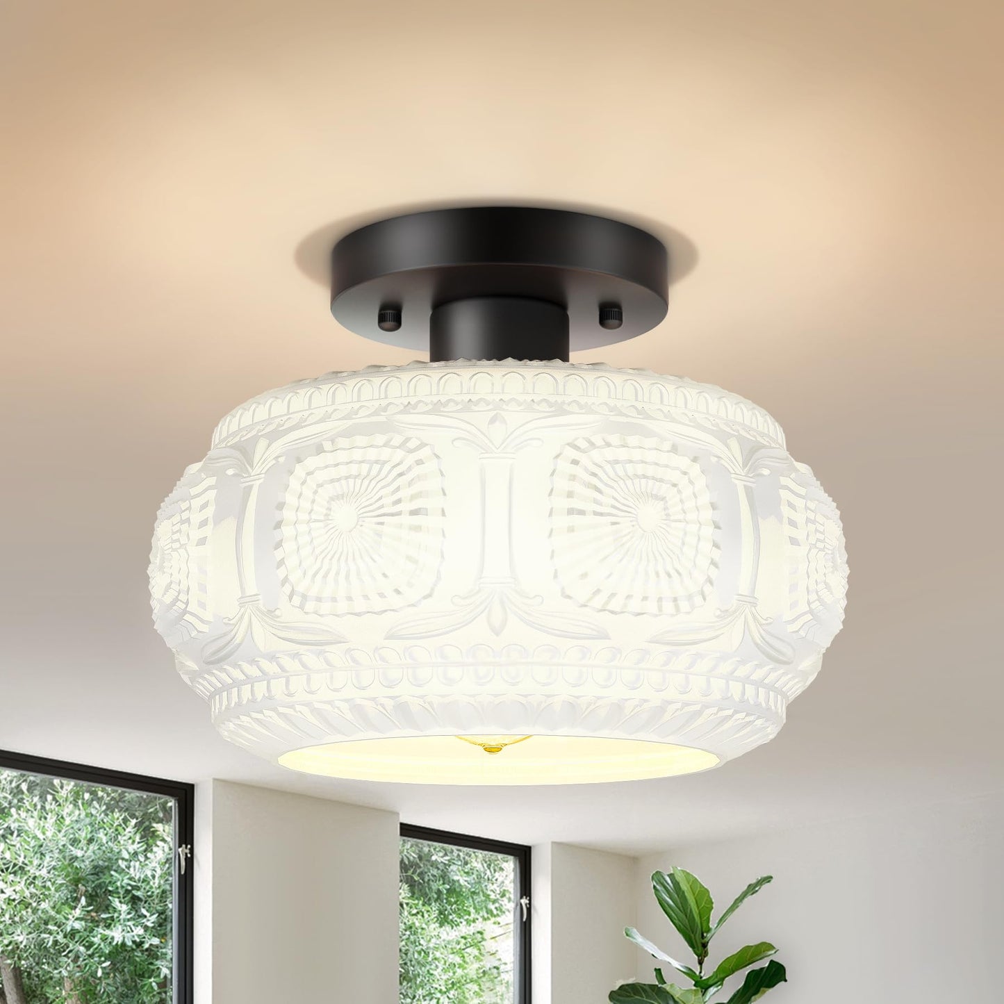 Semi Flush Mount Ceiling Light, Globe Glass Ceiling Light Fixture, Black Modern Lighting (Bulb Not Included)