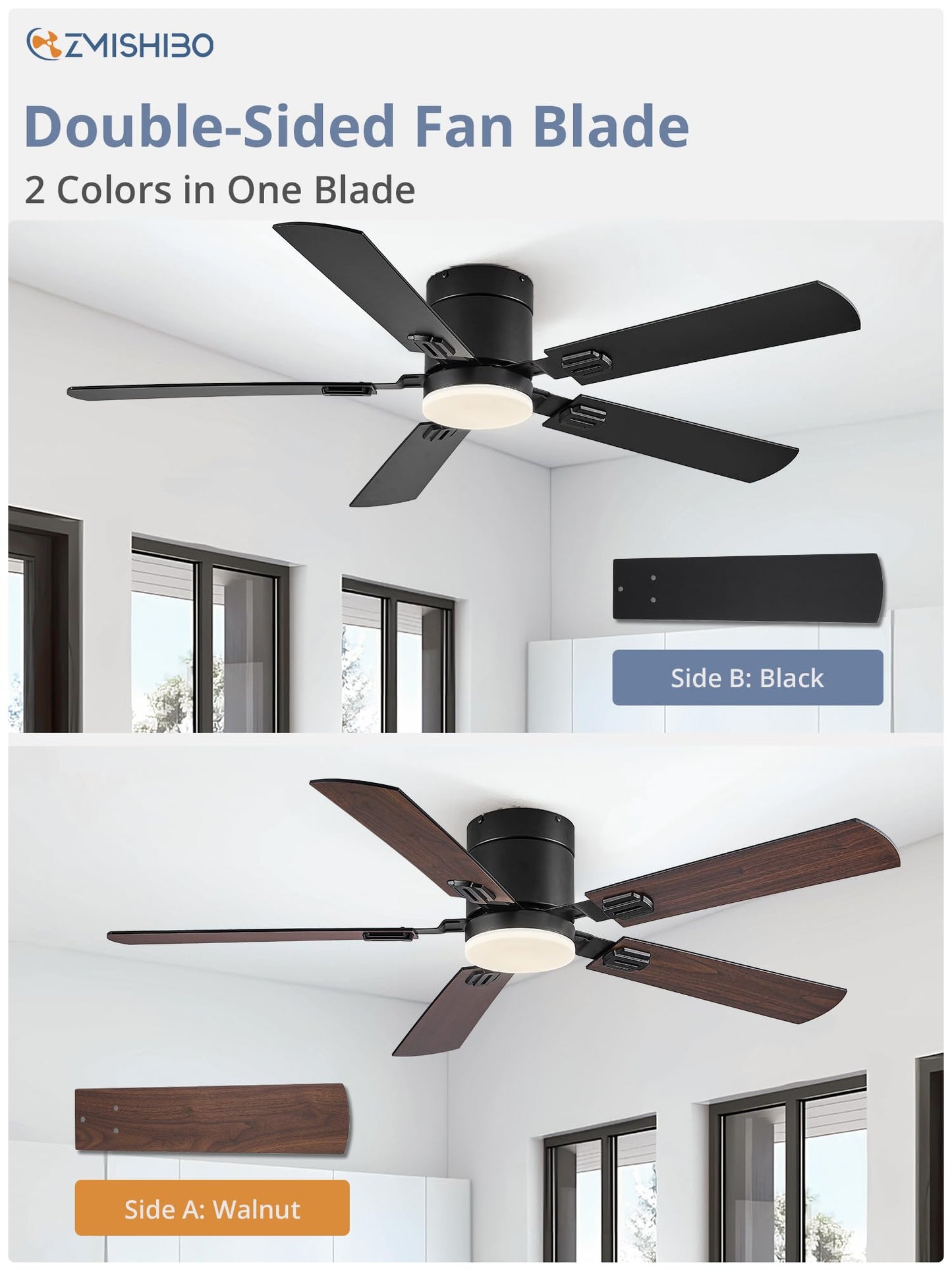 52 Inch Flush Mount Ceiling Fan, Black Low Profile Ceiling Fan with Light and Remote, Ceiling Fan with Tri-Color temperatures, Quiet&Strong DC Motor for Indoor, Bedroom, Kitchen, Living Room