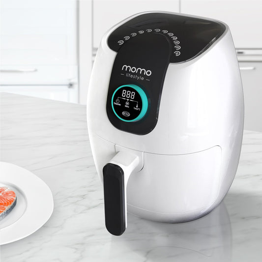 Momo Lifestyle Small Air Fryer 3.4 QT Ceramic Coated Teflon Free Compact Air Fryer with 12 Cooking Functions, Digital LED Control Wheel, Dishwasher Safe, White Truffle