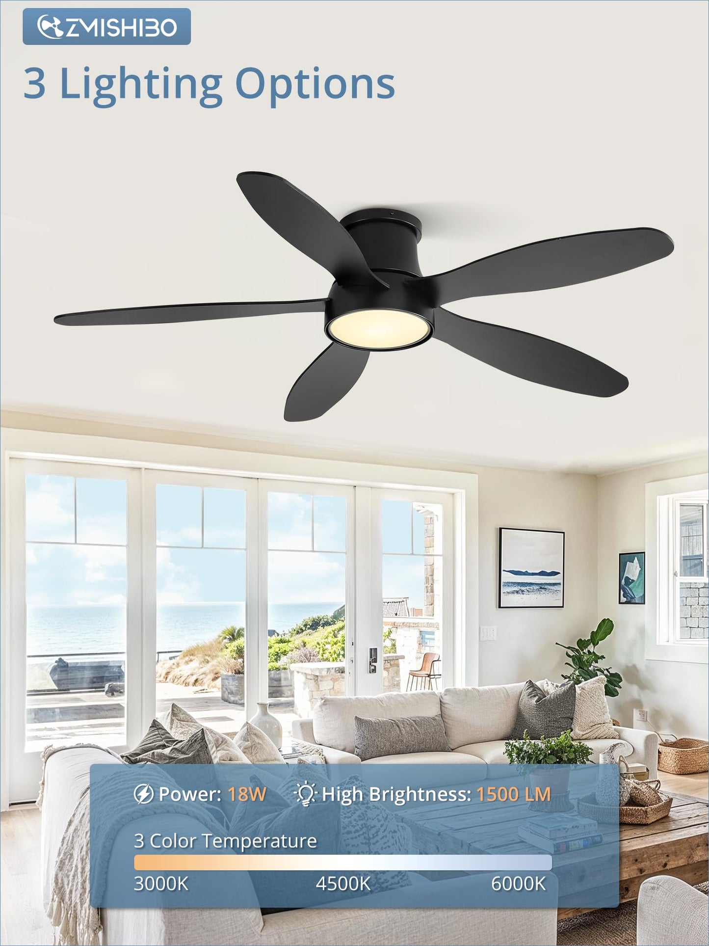 52 Inch Ceiling Fans with Lights, Flush Mount Low Profile Ceiling Fan with Remote, Reversible, 3CCT, Noiseless, LED Ceiling Fan Lighting Fixture for Bedroom, Kitchen, Indoor-Black